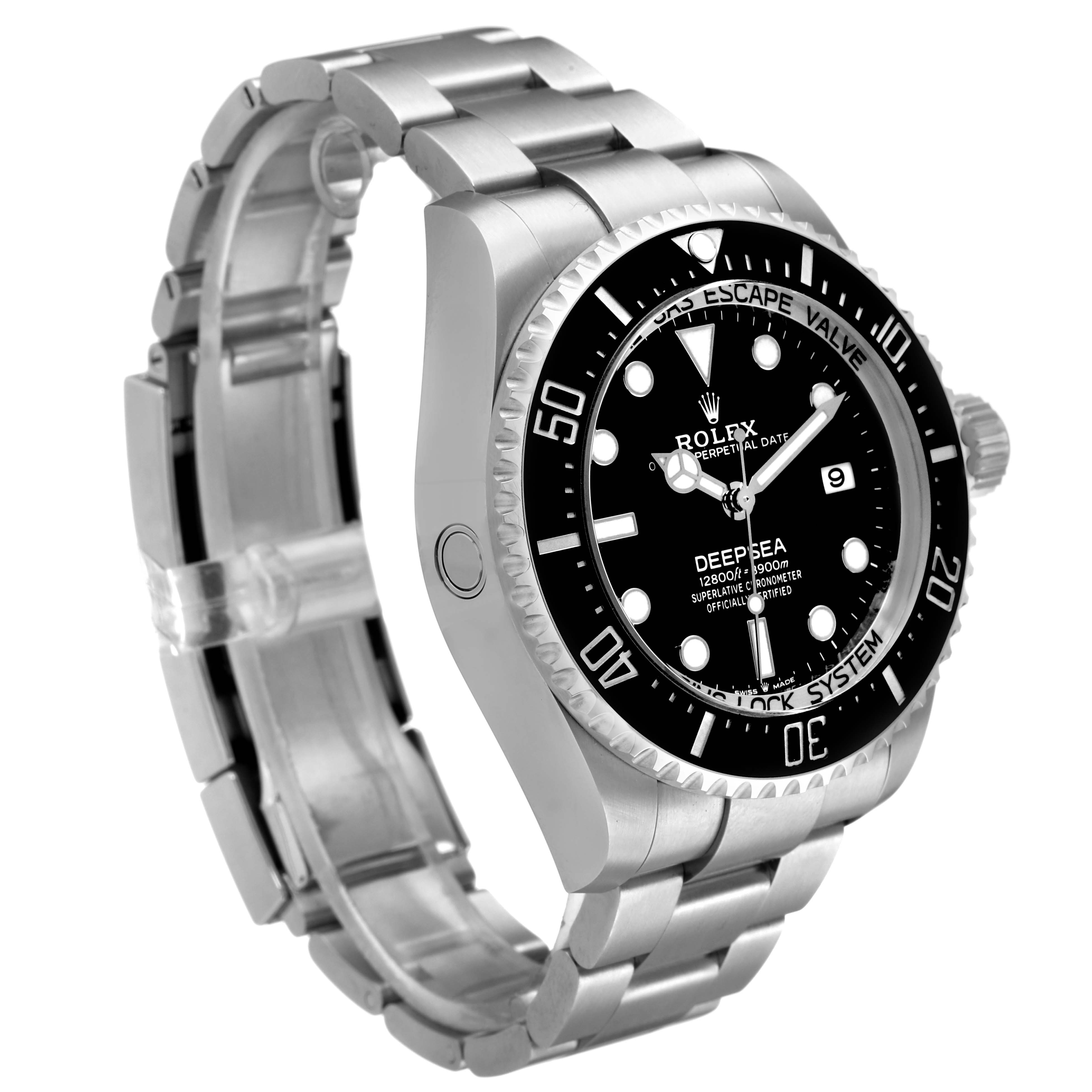 The Rolex Sea-Dweller 136660 Men's Stainless Steel Black Dial watch is shown at an angled side view, displaying the bezel, dial, crown, and bracelet clearly.