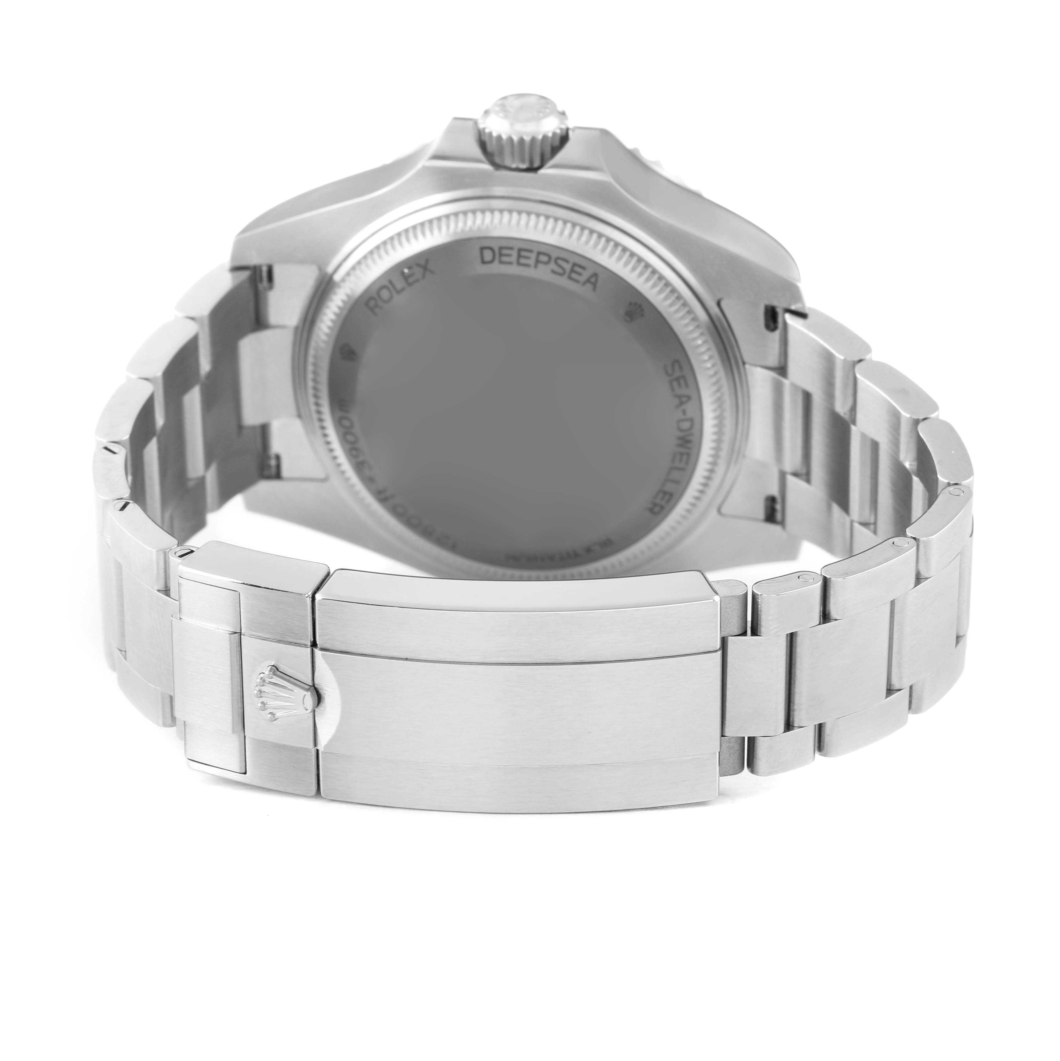 The image shows the Rolex Sea-Dweller 136660 Men's Stainless Steel Black Dial watch from the back, highlighting the case back, clasp, and bracelet links.