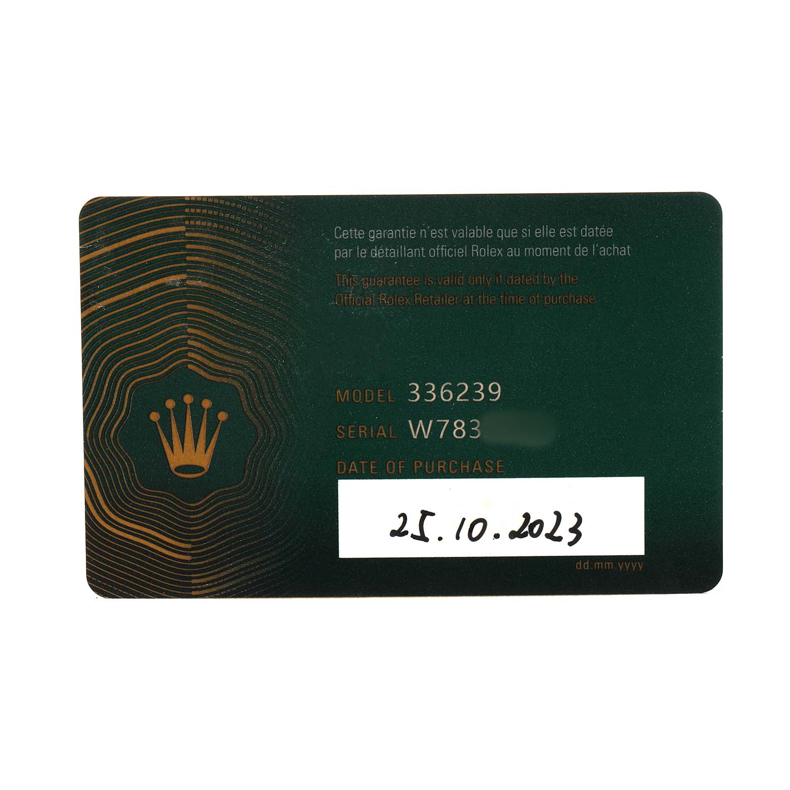 This image shows a warranty card for the Rolex Sky-Dweller 336239 Men's White Gold White Dial watch, detailing model and serial numbers.