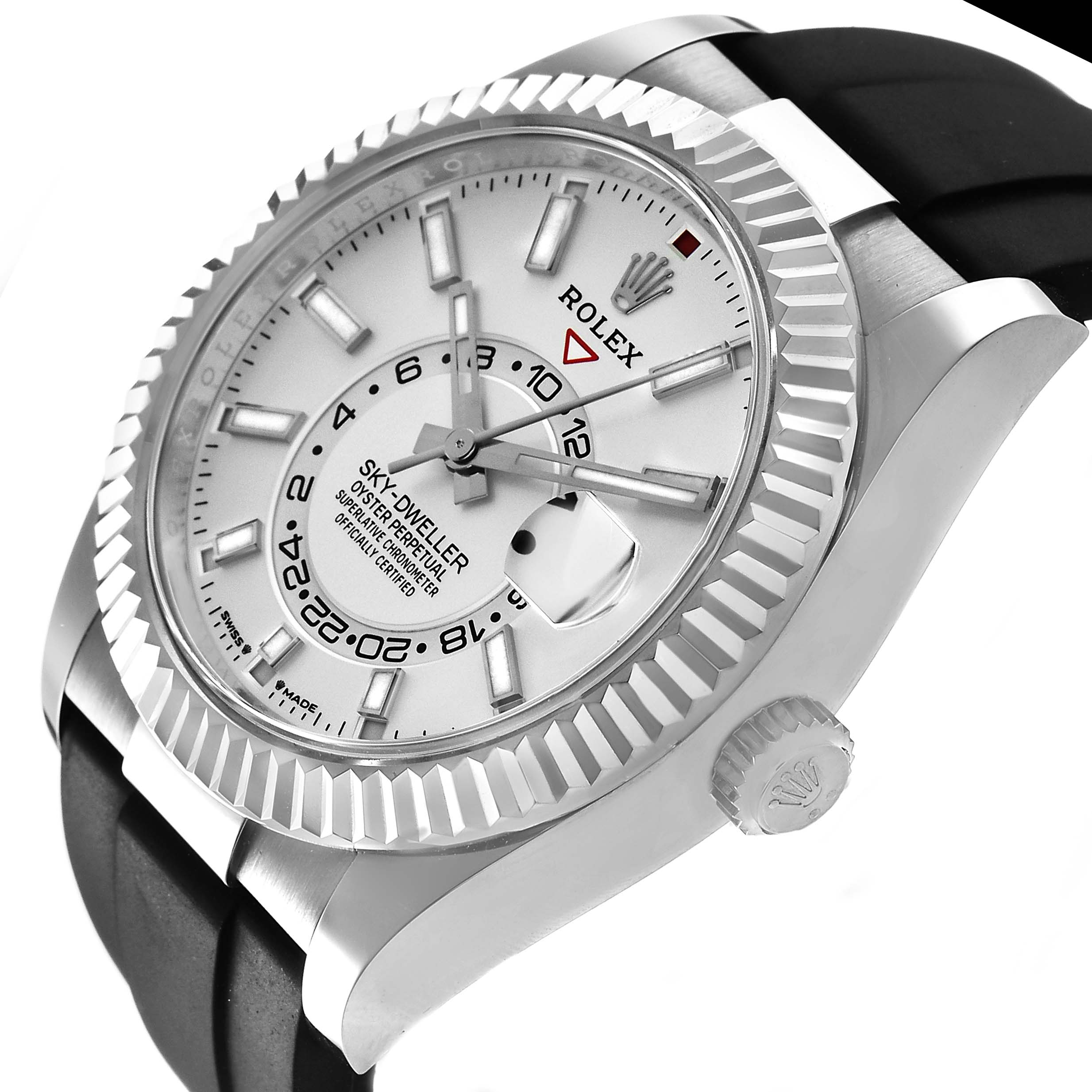 The Rolex Sky-Dweller 336239 Men's White Gold White Dial watch is shown at a side angle, highlighting the bezel, crown, and dial details.