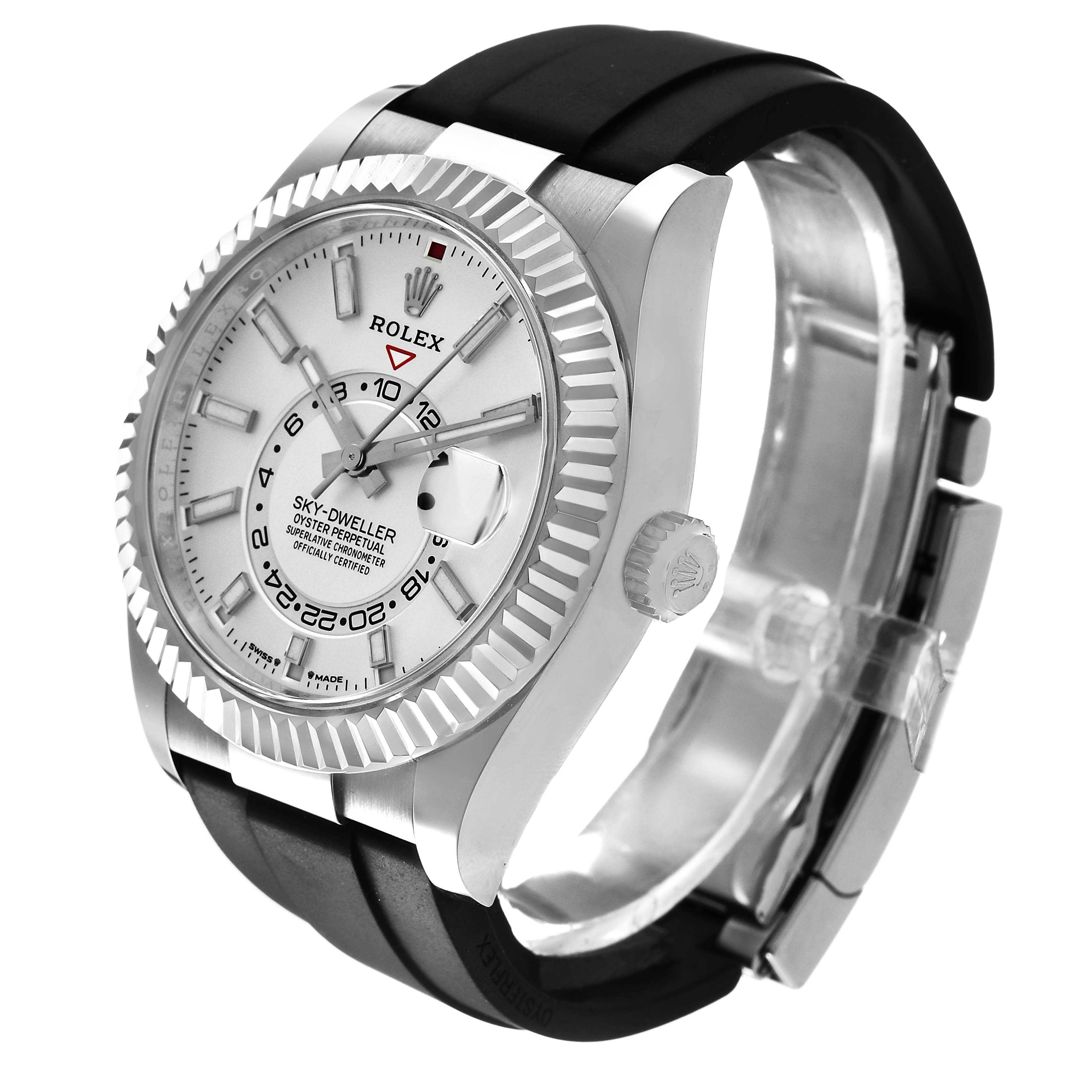 The Rolex Sky-Dweller 336239 Men's White Gold White Dial is shown at an angle highlighting the face, bezel, crown, and rubber strap.