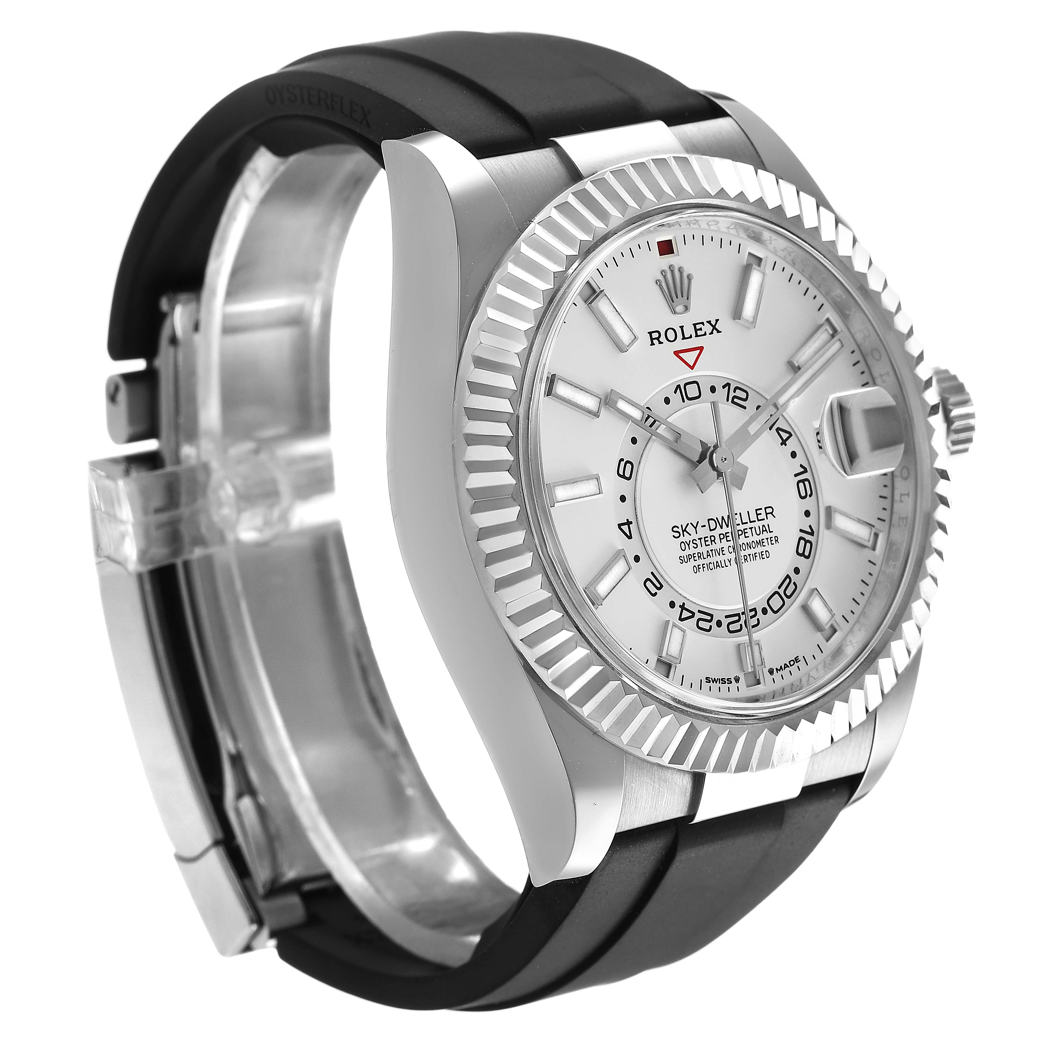 The Rolex Sky-Dweller 336239 Men's White Gold White Dial is shown at a three-quarter angle, highlighting the dial, bezel, and bracelet.