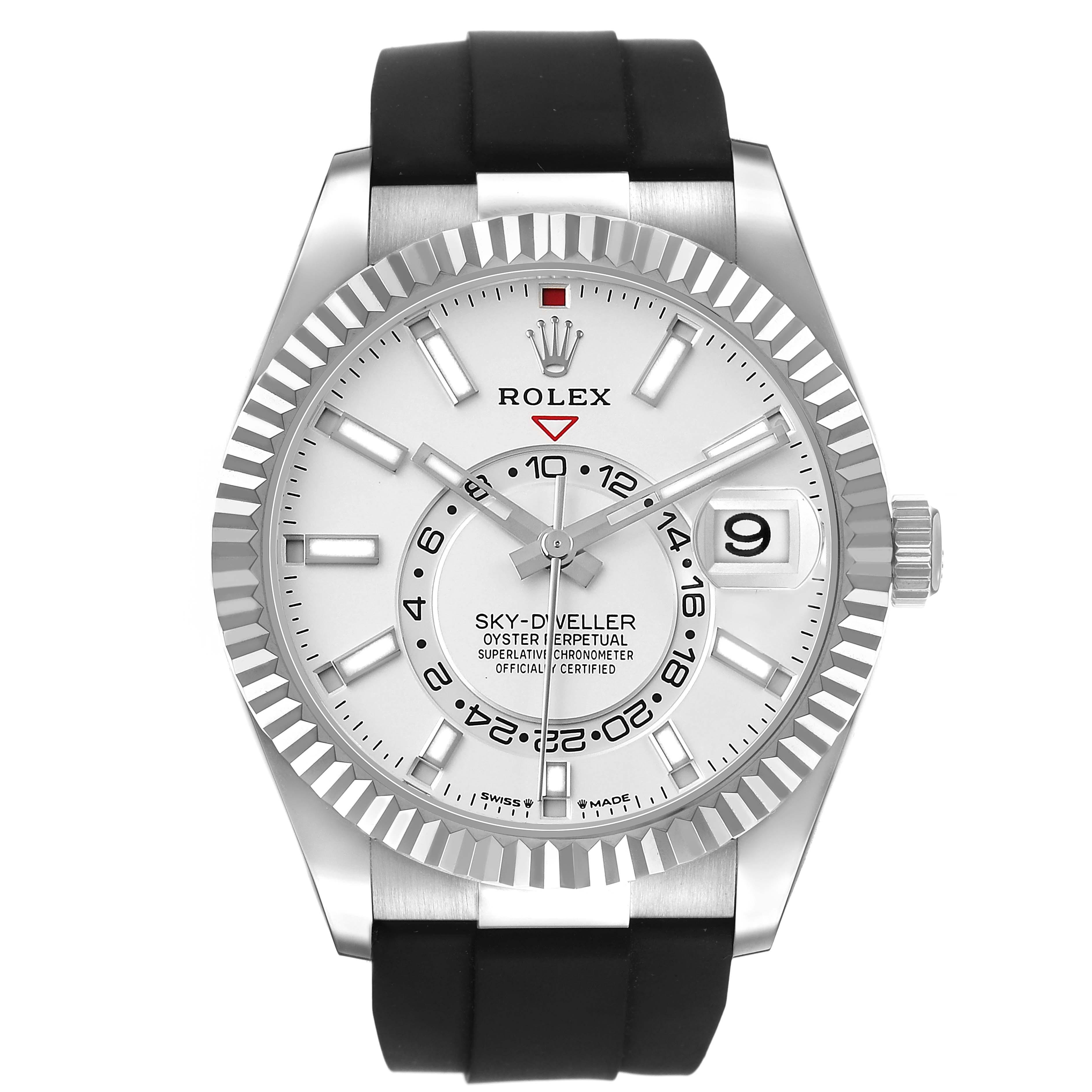 The image shows a front view of a Rolex Sky-Dweller 336239 Men's White Gold White Dial with a white dial, fluted bezel, and black strap.
