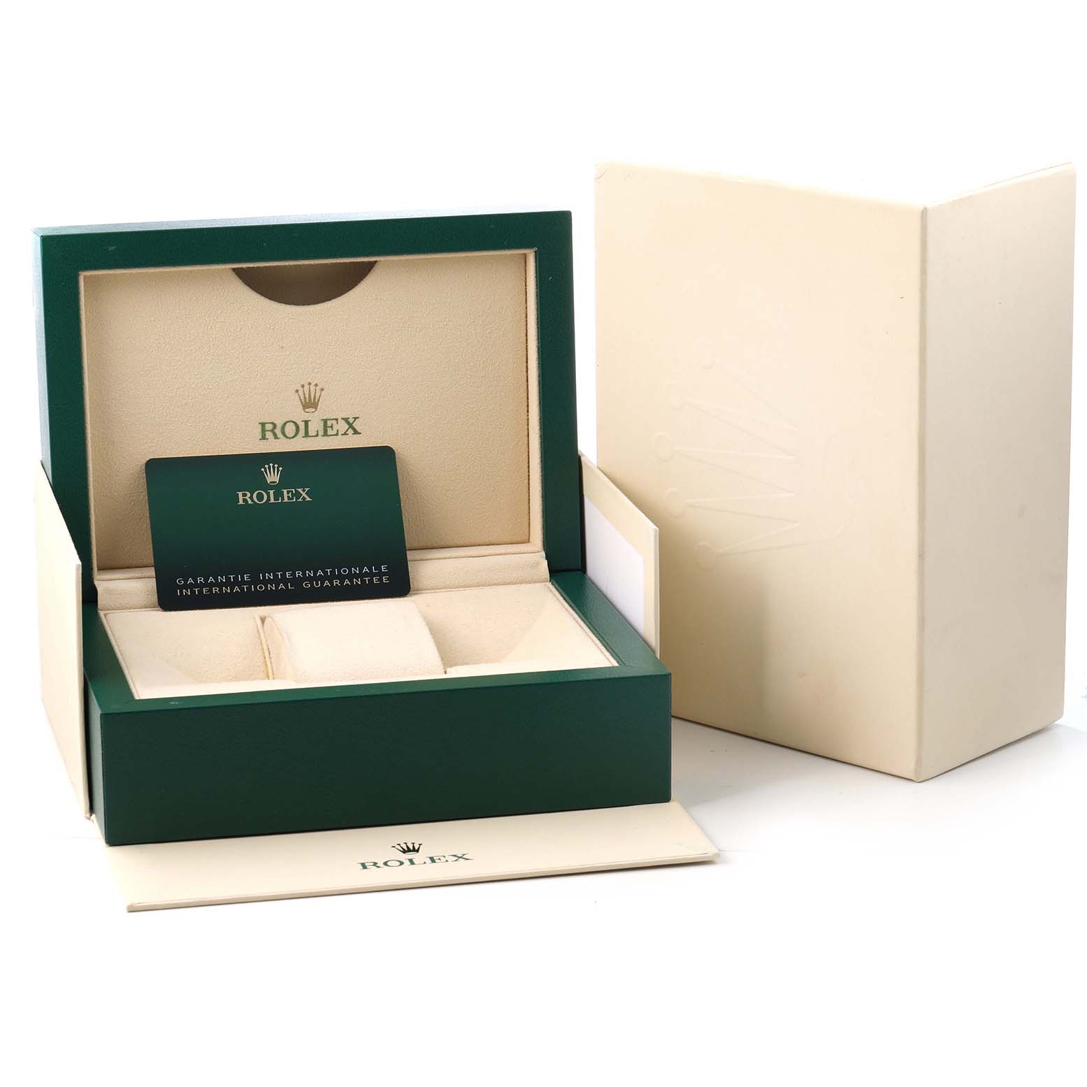 The image shows an open Rolex Sky-Dweller 336239 Men's White Gold White Dial watch box, guarantee card, and outer box from a front angle.