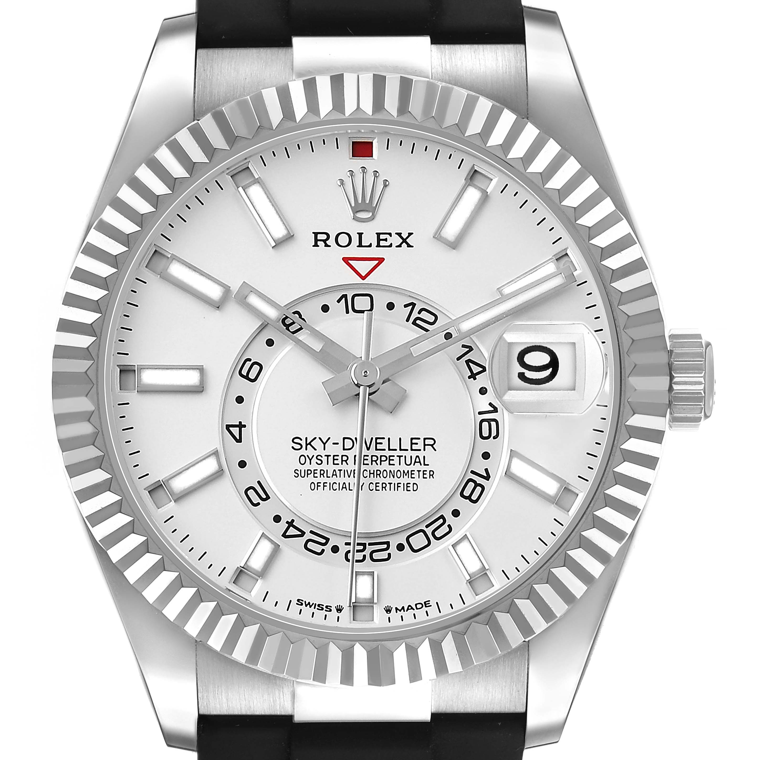The Rolex Sky-Dweller 336239 Men's White Gold White Dial watch is shown from the front, highlighting the dial, bezel, and crown.