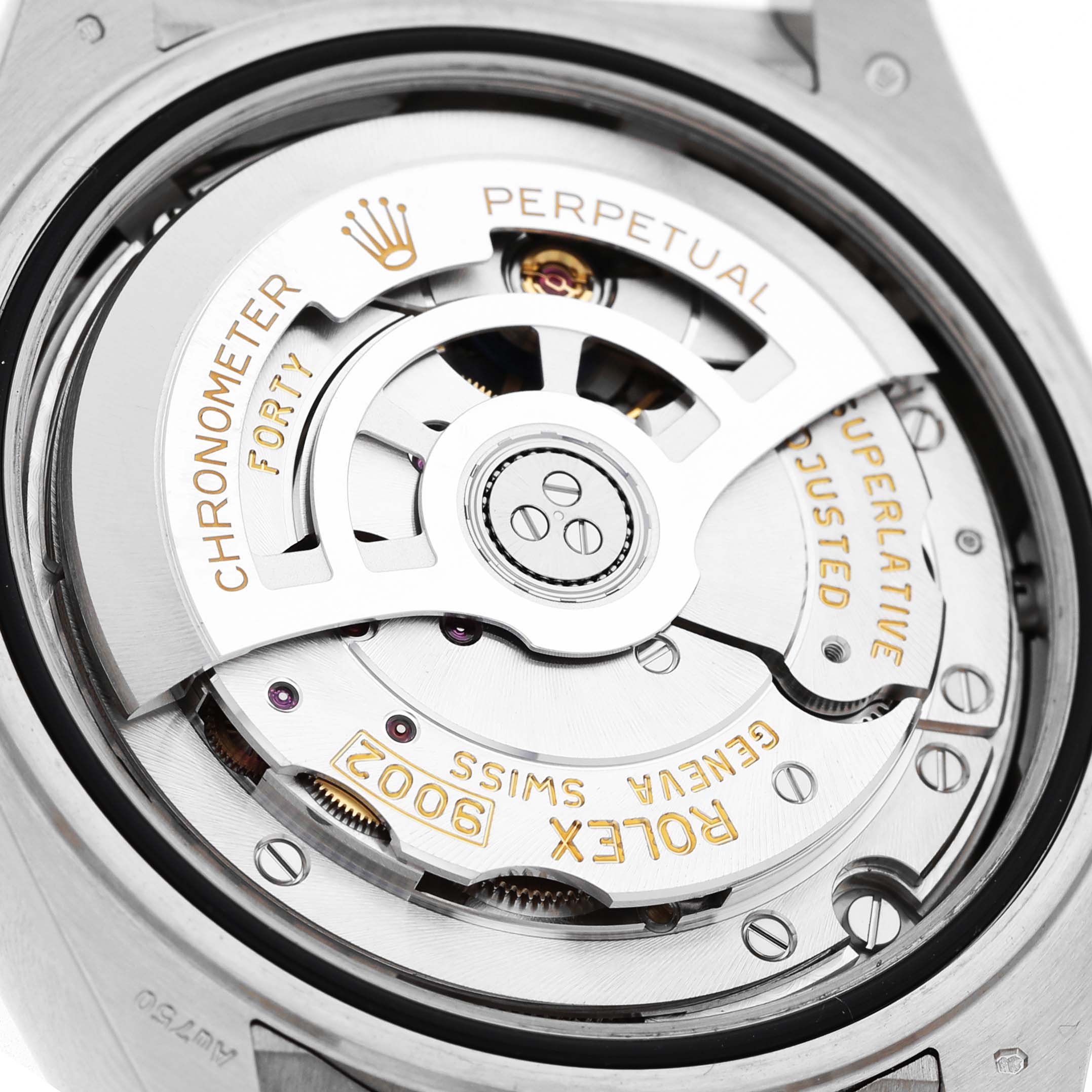 The image shows a close-up of the Rolex Sky-Dweller 336239 Men's White Gold White Dial's movement with visible rotor and inscriptions.