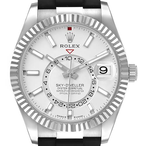 The Rolex Sky-Dweller 336239 Men's White Gold White Dial watch is shown from a front angle, highlighting the dial, bezel, hands, and date display.
