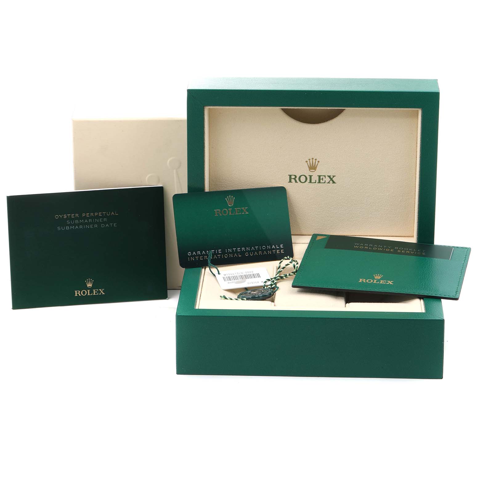 The image shows the packaging and documentation for a Rolex Submariner 126613 Men's Steel and Gold (two tone) Black Dial 126613 Men's Steel and Gold (two tone) Black Dial model watch, including the box, manuals, and guarantee card.