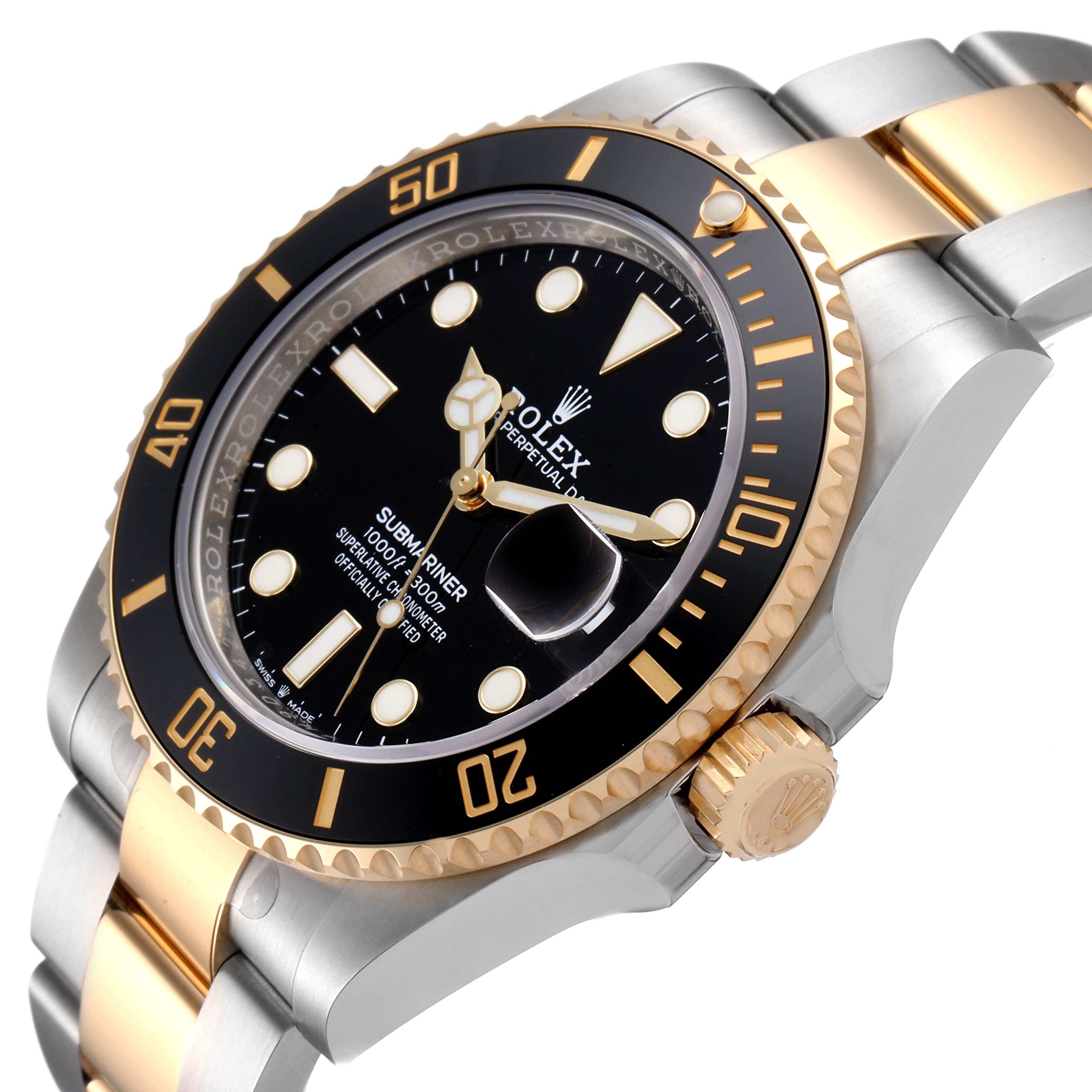 The image shows a close-up angle of a Rolex Submariner 126613 Men's Steel and Gold (two tone) Black Dial 126613 Men's Steel and Gold (two tone) Black Dial watch, highlighting its black dial, bezel, and two-tone metal bracelet.