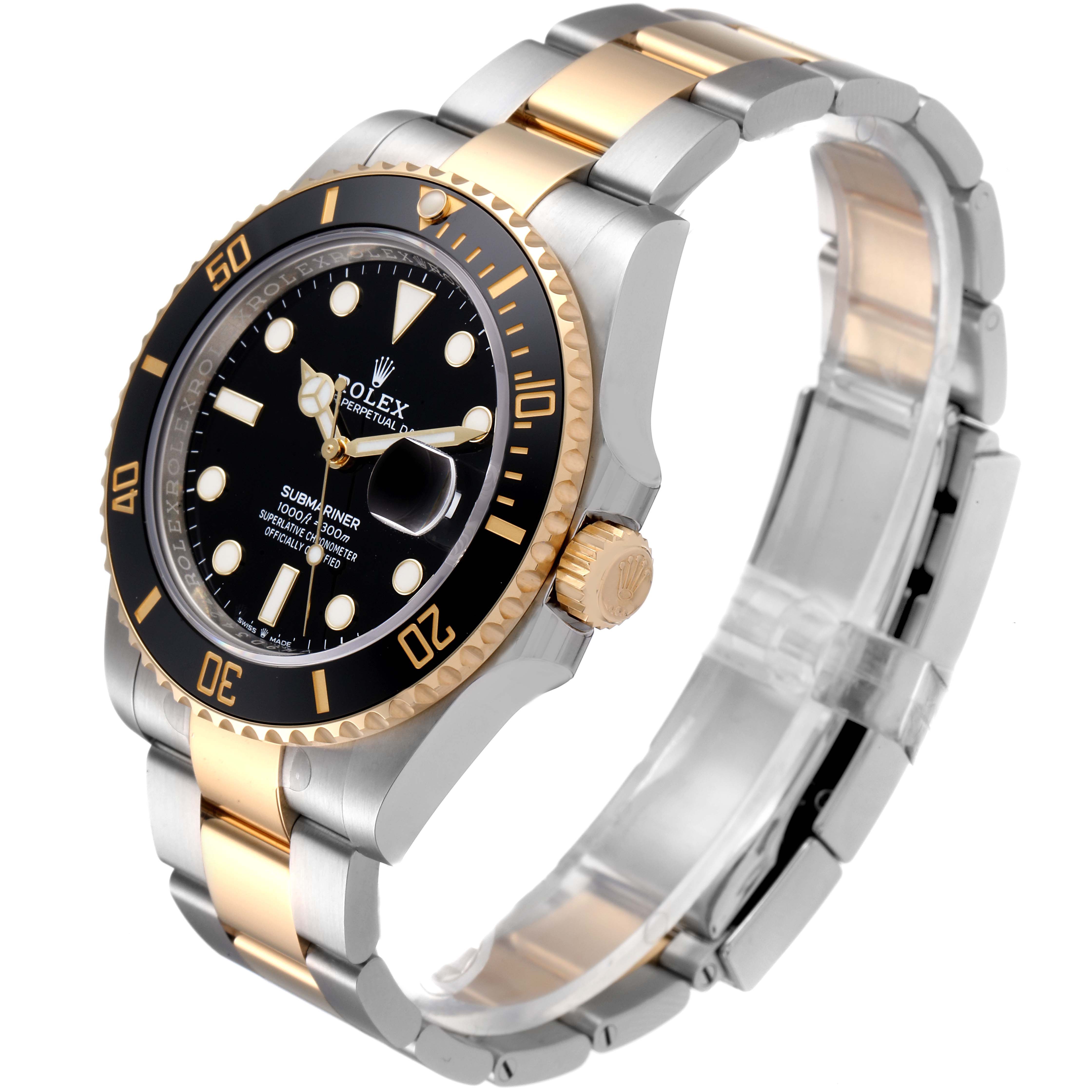 The Rolex Submariner 126613 Men's Steel and Gold (two tone) Black Dial 126613 Men's Steel and Gold (two tone) Black Dial watch is shown at a three-quarter angle, displaying its two-tone bracelet, black dial, and rotating bezel.