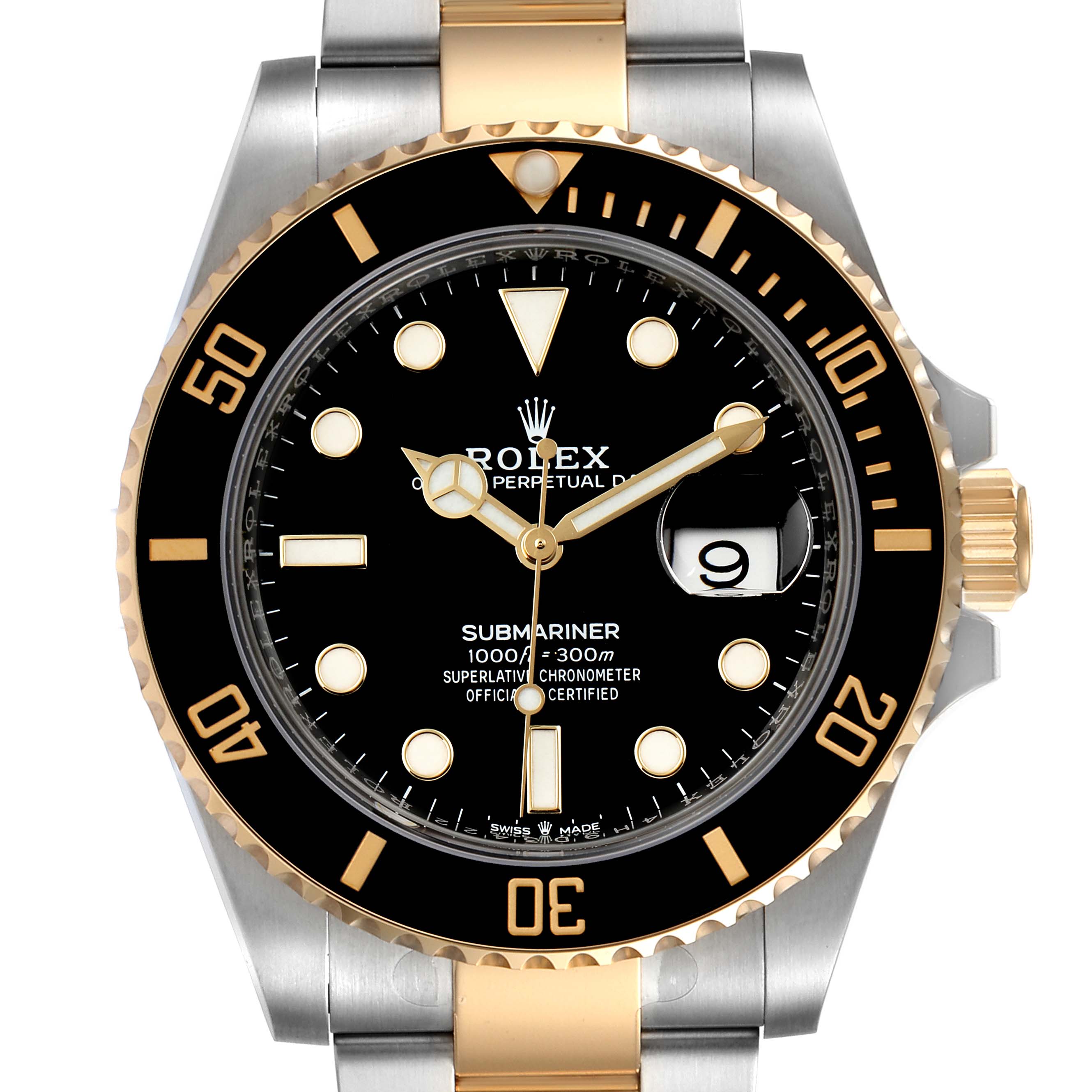 The Rolex Submariner 126613 Men's Steel and Gold (two tone) Black Dial 126613 Men's Steel and Gold (two tone) Black Dial watch is shown from a front angle, displaying the dial, bezel, hands, and part of the bracelet.
