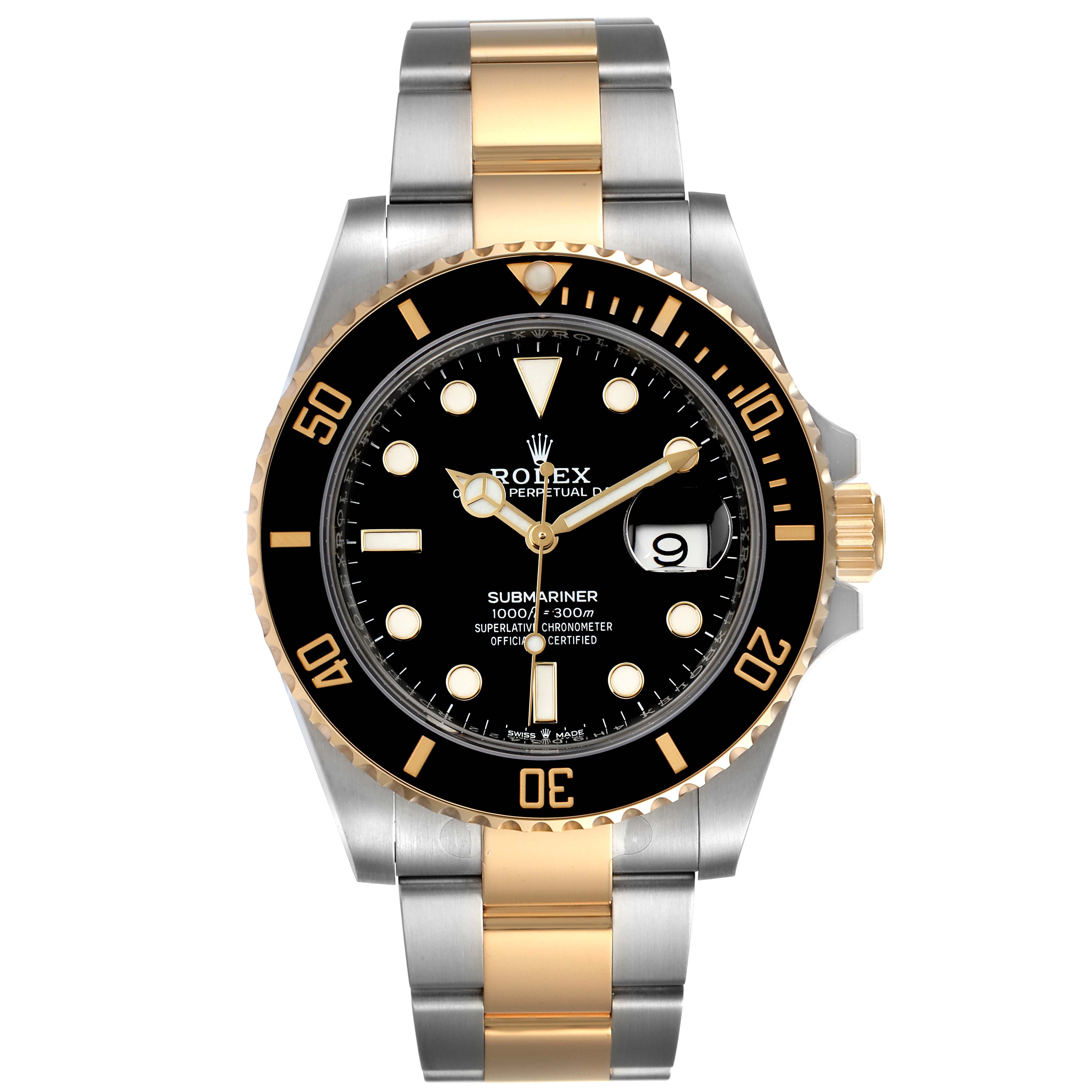 The image shows a Rolex Submariner 126613 Men's Steel and Gold (two tone) Black Dial 126613 Men's Steel and Gold (two tone) Black Dial watch from a frontal angle, highlighting its black dial, gold accents, and two-tone metal bracelet.