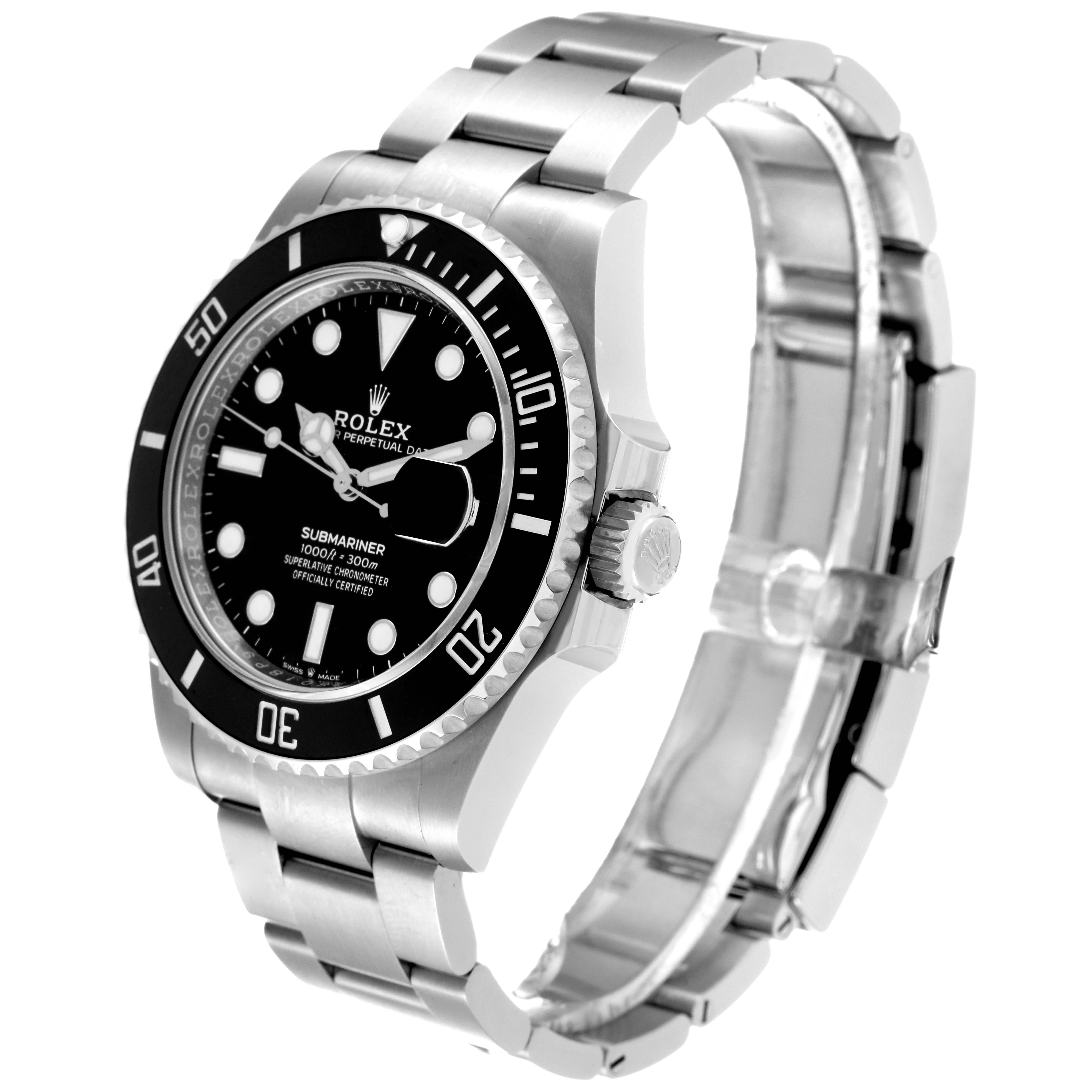 The image shows a Rolex Submariner 126610 Men
s Stainless Steel Black Dial 126610 Men
s Stainless Steel Black Dial watch at an angle highlighting its dial, bezel, crown, and bracelet.