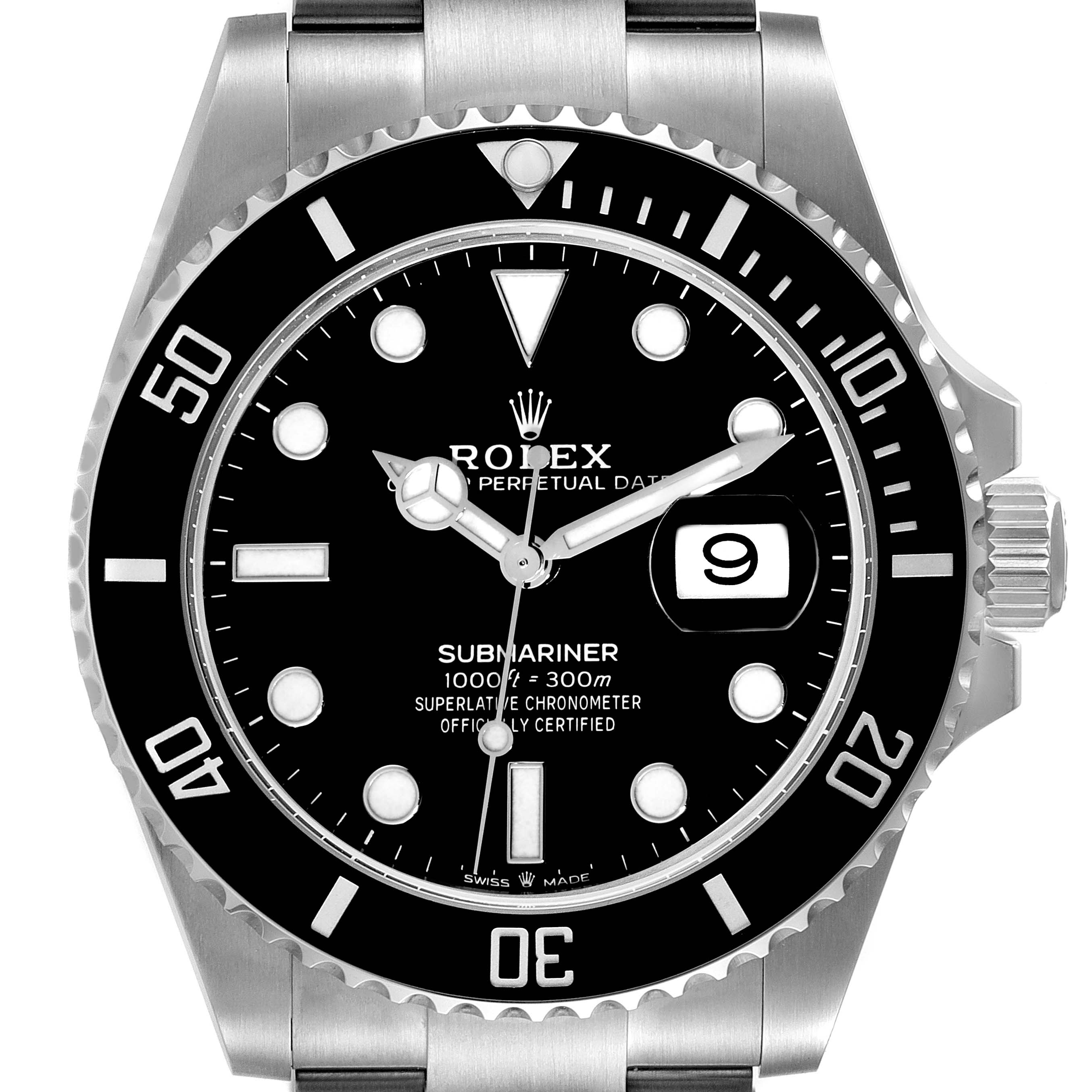 This image displays the front view of a Rolex Submariner 126610 Men
s Stainless Steel Black Dial 126610 Men
s Stainless Steel Black Dial watch, highlighting its dial, bezel, and a small portion of the bracelet.