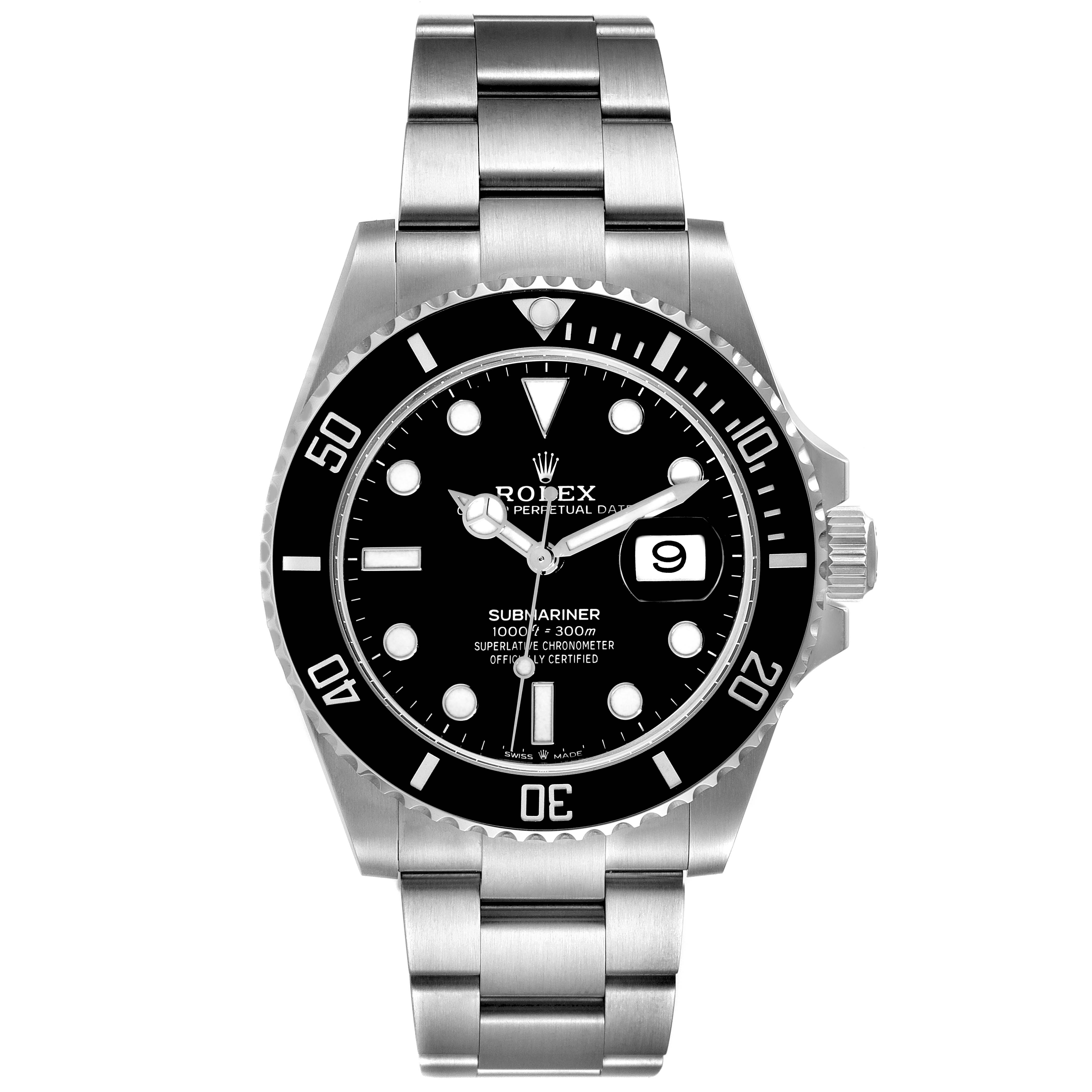 This image shows a front view of a Rolex Submariner 126610 Men
s Stainless Steel Black Dial 126610 Men
s Stainless Steel Black Dial watch, featuring its dial, bezel, and bracelet.