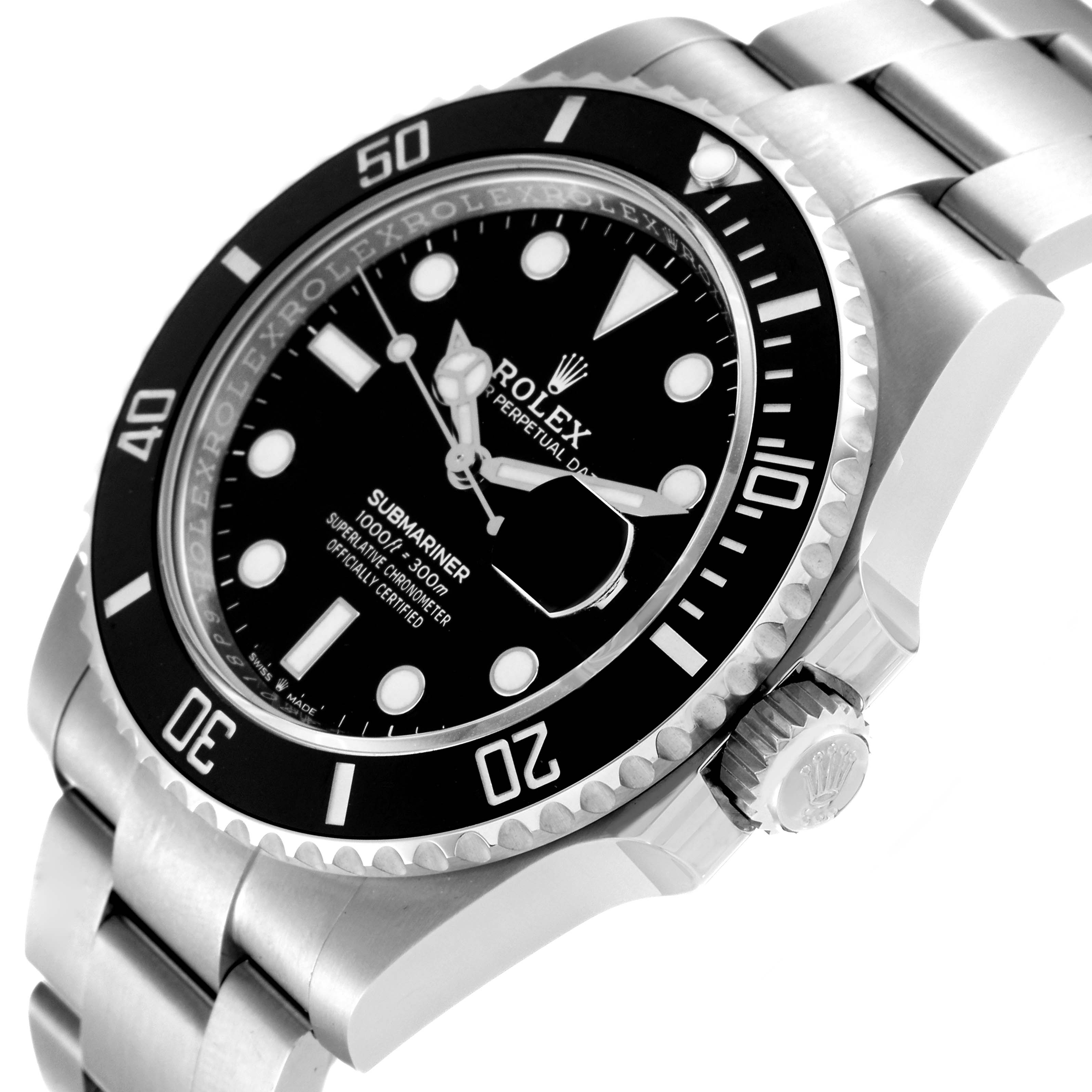 The image shows a Rolex Submariner 126610 Men
s Stainless Steel Black Dial 126610 Men
s Stainless Steel Black Dial watch at a slight side angle, highlighting its black dial, bezel, and partially visible stainless steel bracelet.