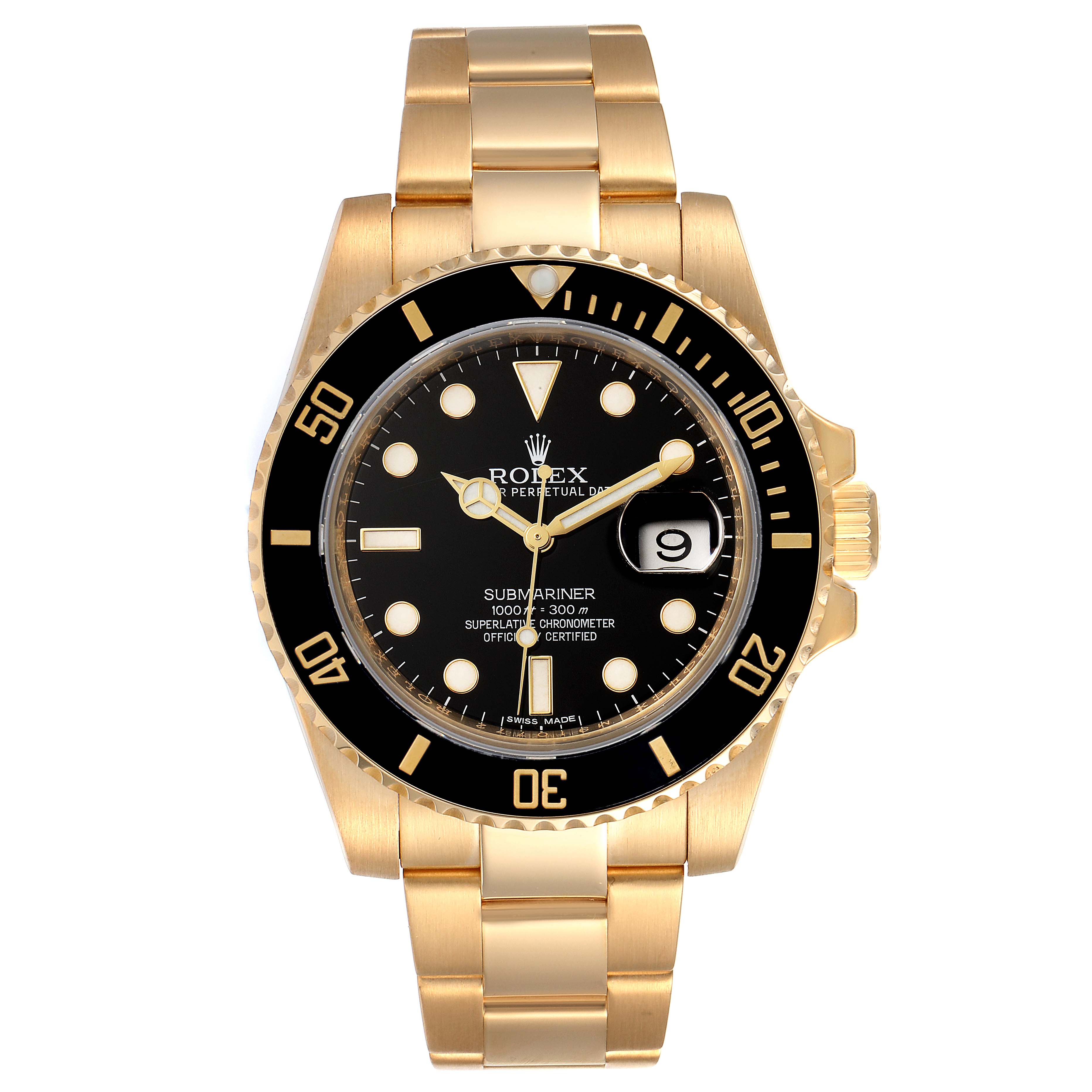 This Rolex Submariner 116618 Men's Yellow Gold Black Dial 116618 Men's Yellow Gold Black Dial watch is shown from a top-down angle, displaying the face, bezel, and bracelet.
