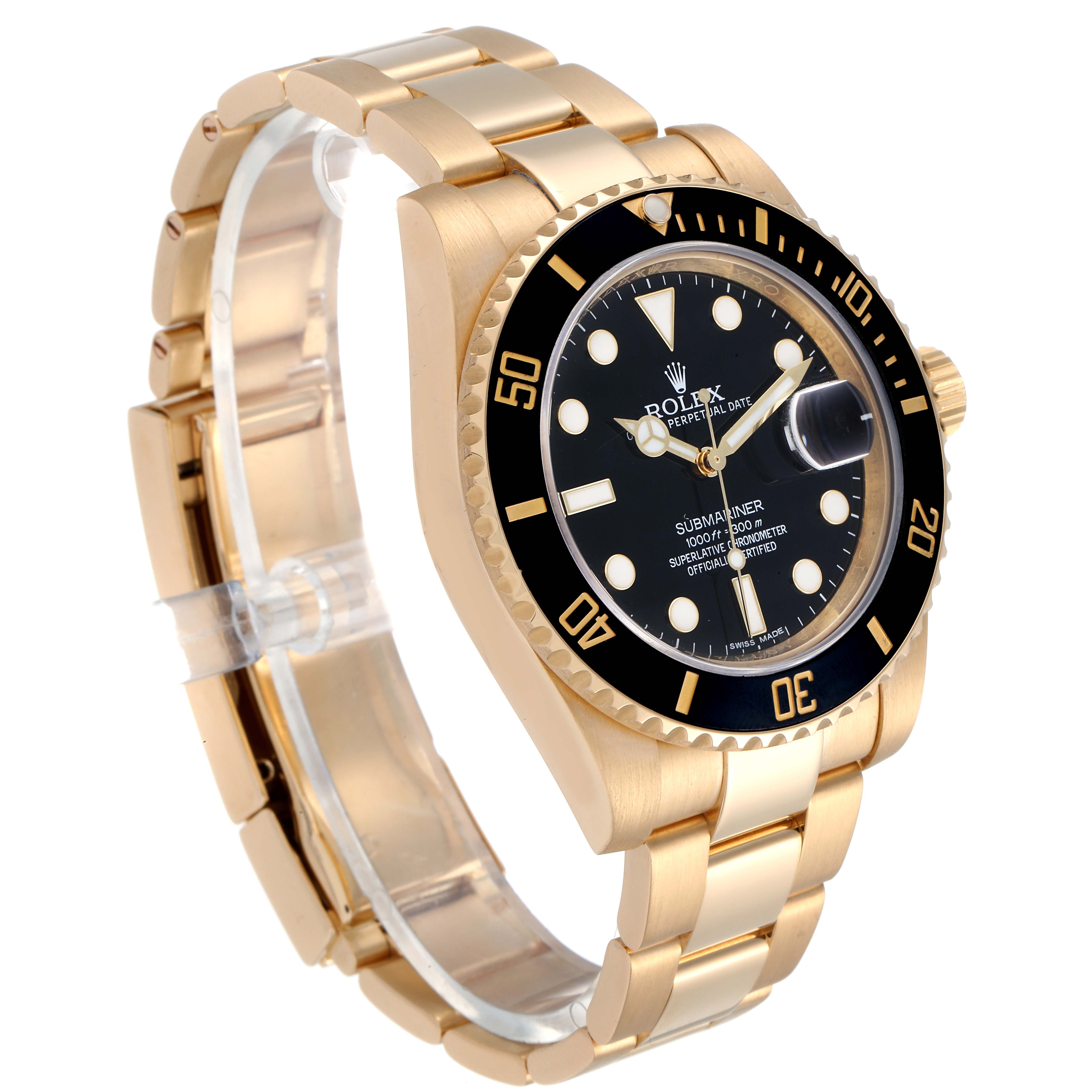 The image shows a side angle of a Rolex Submariner 116618 Men's Yellow Gold Black Dial 116618 Men's Yellow Gold Black Dial watch, highlighting its gold bracelet, black bezel, and black dial.