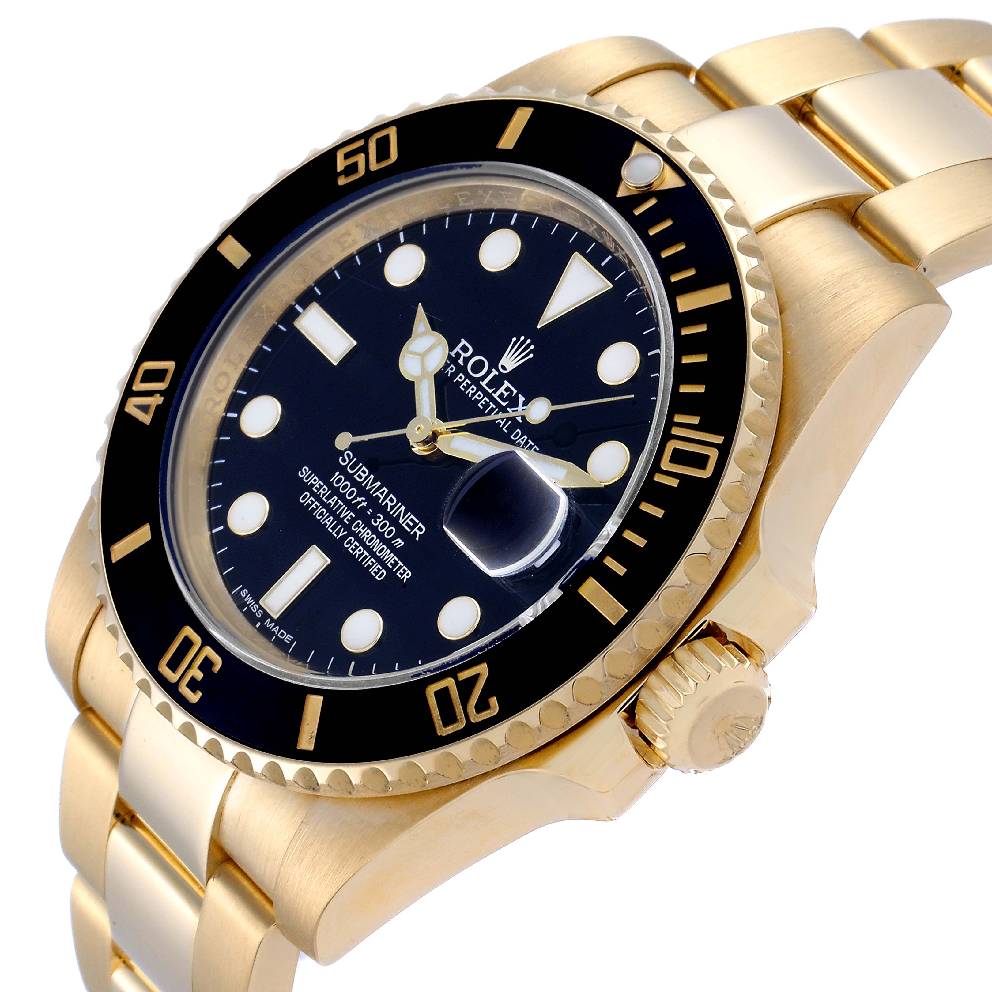 This image shows a side angle of the Rolex Submariner 116618 Men's Yellow Gold Black Dial 116618 Men's Yellow Gold Black Dial, highlighting its bezel, crown, and bracelet.