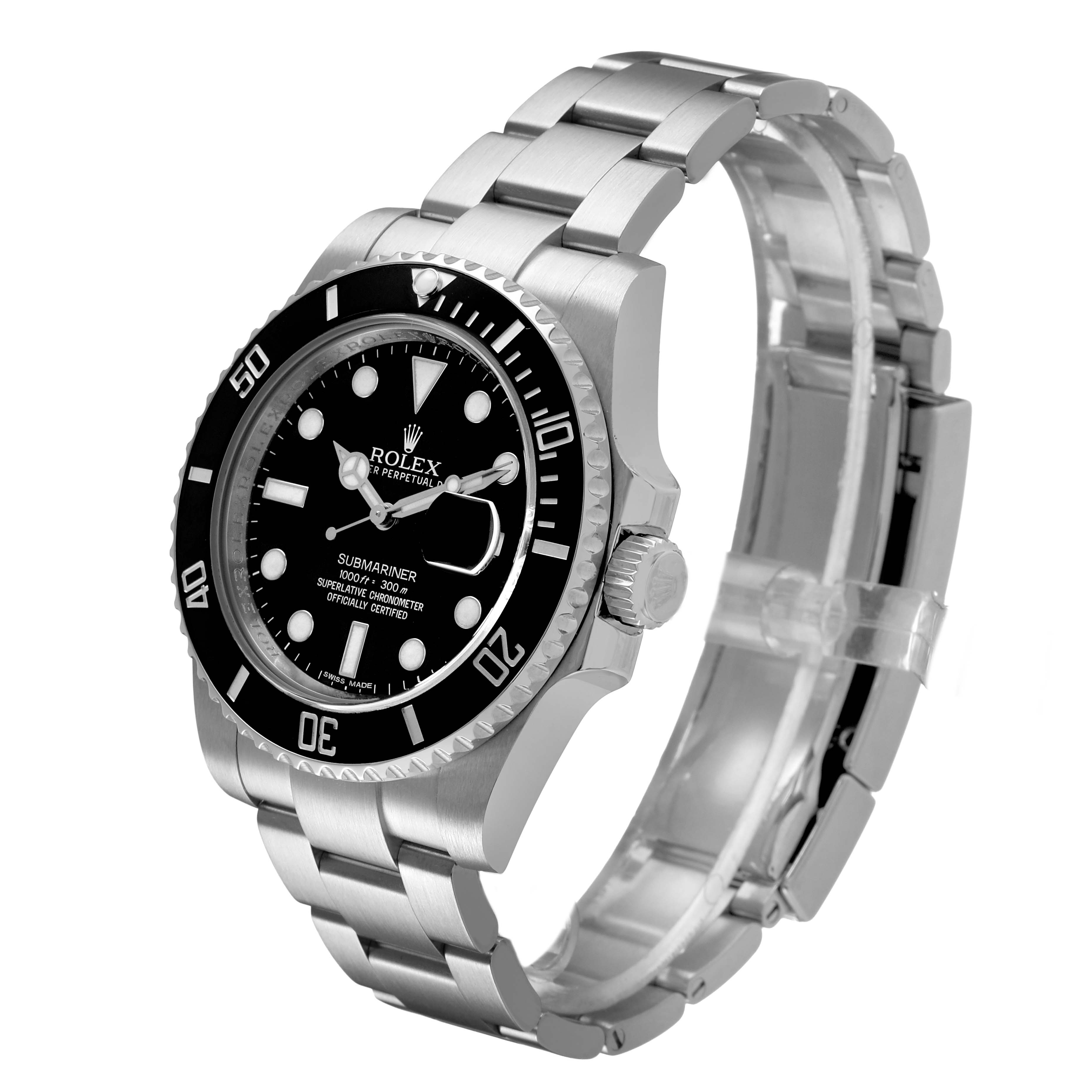 The Rolex Submariner 116610 Men's Stainless Steel Black Dial watch is shown at a three-quarter angle, displaying the dial, bezel, crown, and bracelet.