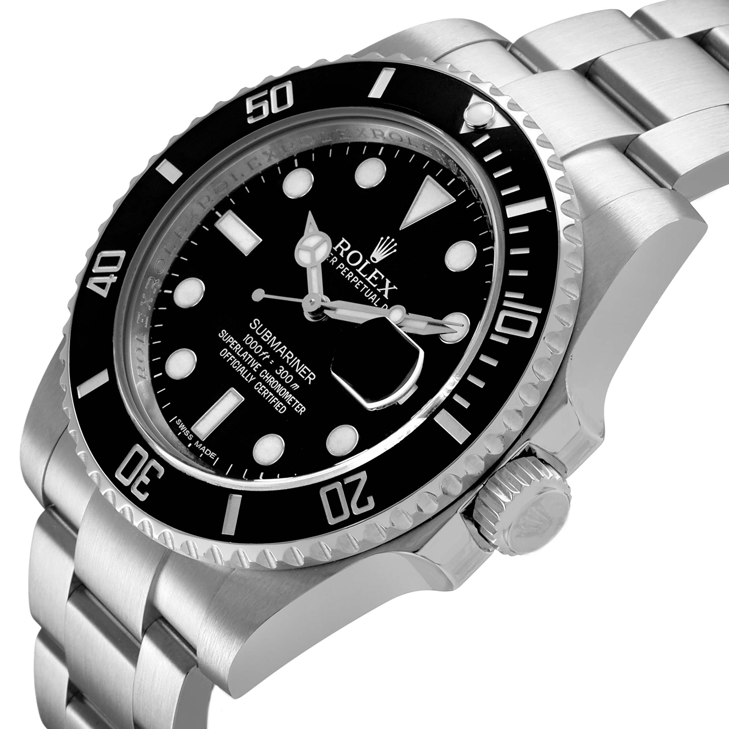 The Rolex Submariner 116610 Men's Stainless Steel Black Dial watch is shown at an angle highlighting its dial, bezel, crown, and bracelet.