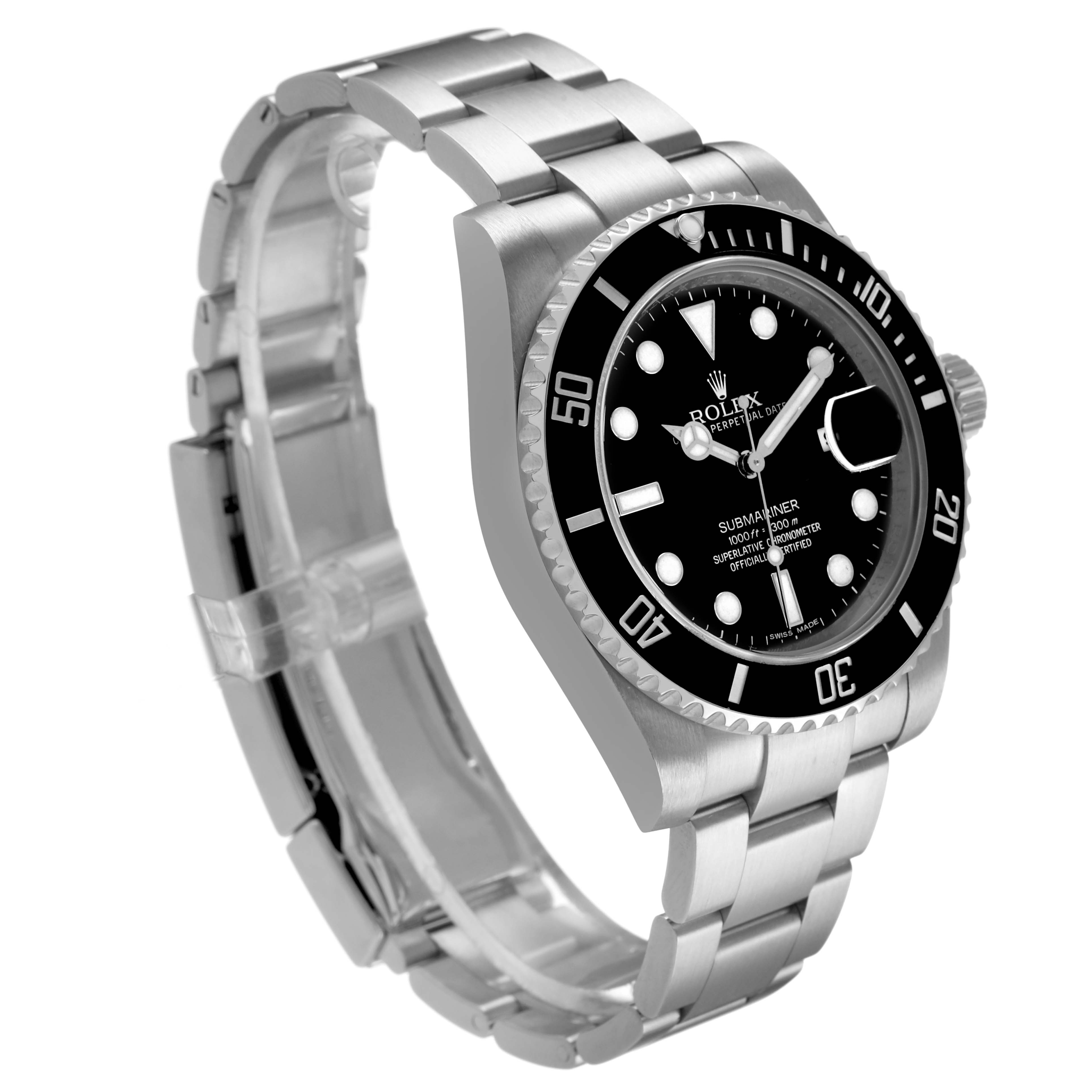 The Rolex Submariner 116610 Men's Stainless Steel Black Dial watch is shown at a three-quarter angle, highlighting the face, bezel, and clasp.