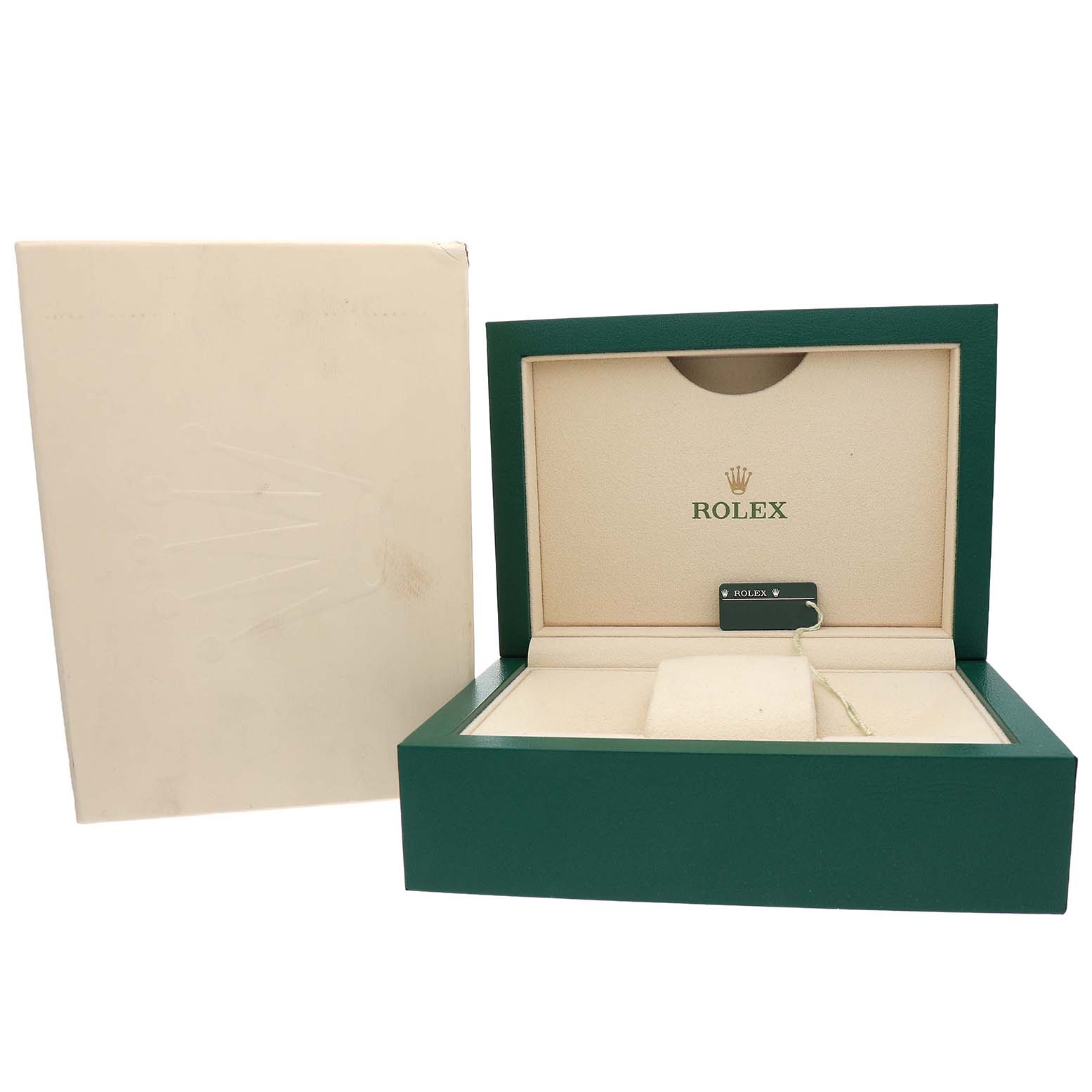 The image shows a Rolex Submariner 116610 Men's Stainless Steel Black Dial watch box and outer packaging viewed from the front, with the interior open.