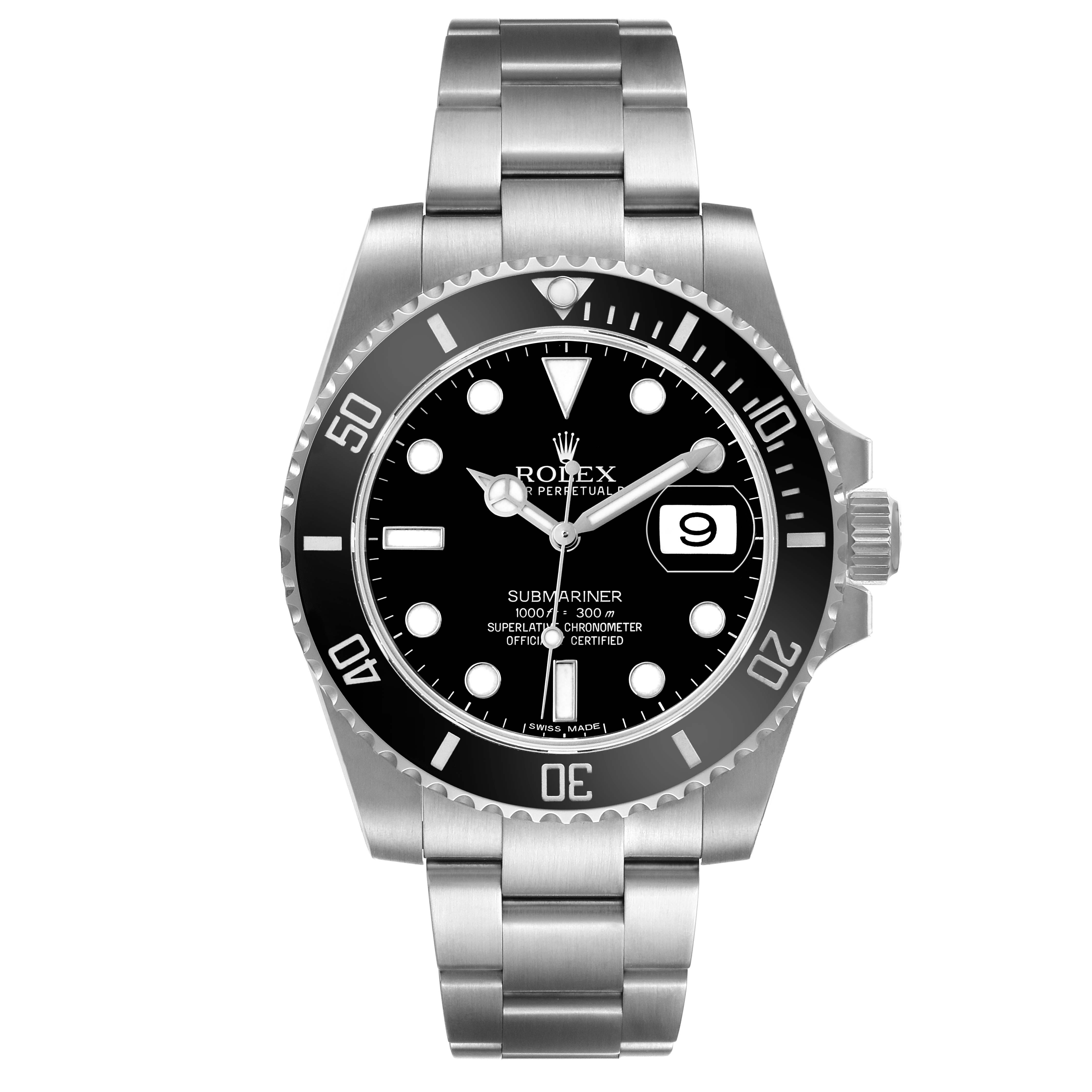 The Rolex Submariner 116610 Men's Stainless Steel Black Dial watch is shown from a front angle, highlighting the dial, bezel, bracelet, and crown.