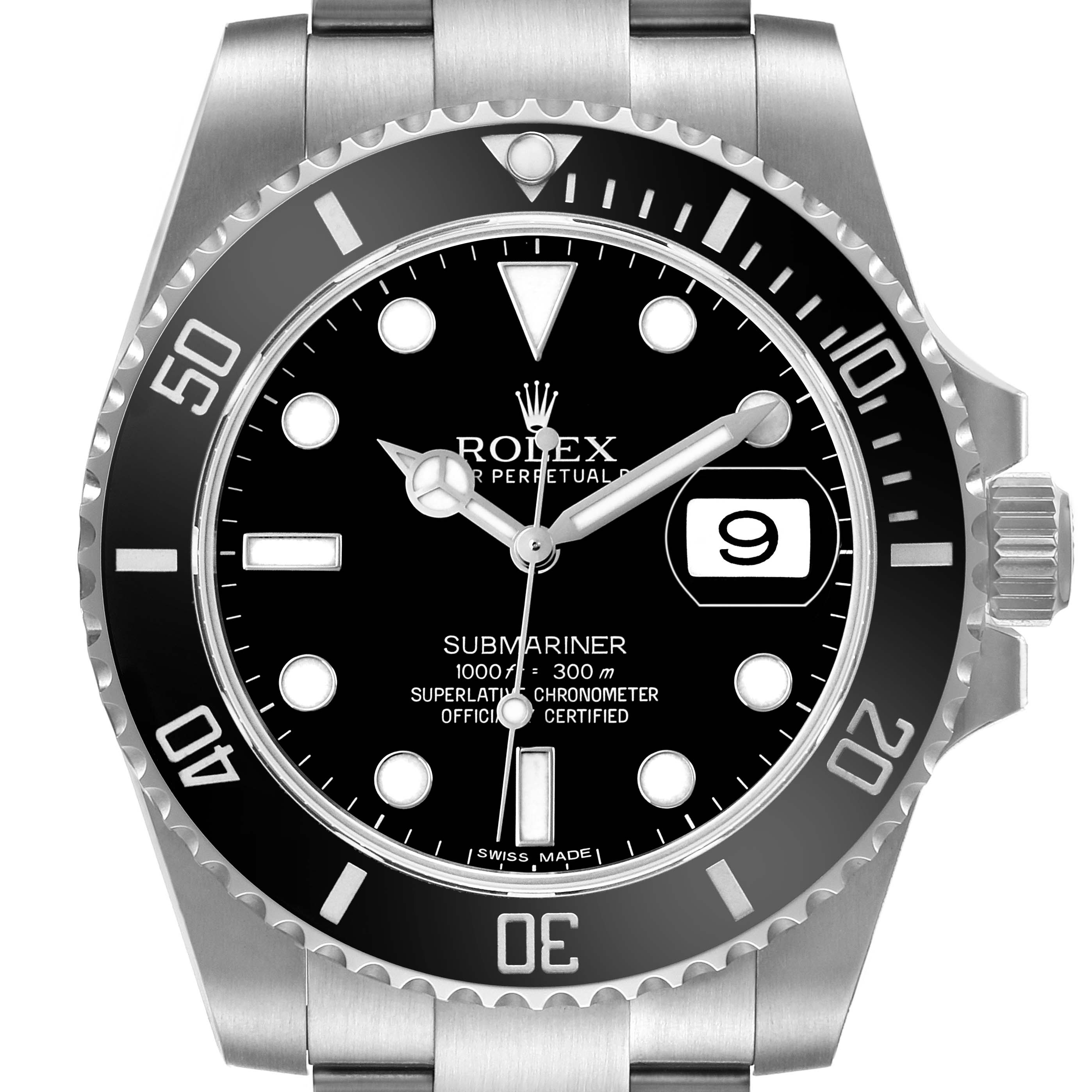 The image shows a head-on view of the Rolex Submariner 116610 Men's Stainless Steel Black Dial watch, highlighting the dial, bezel, and part of the band.