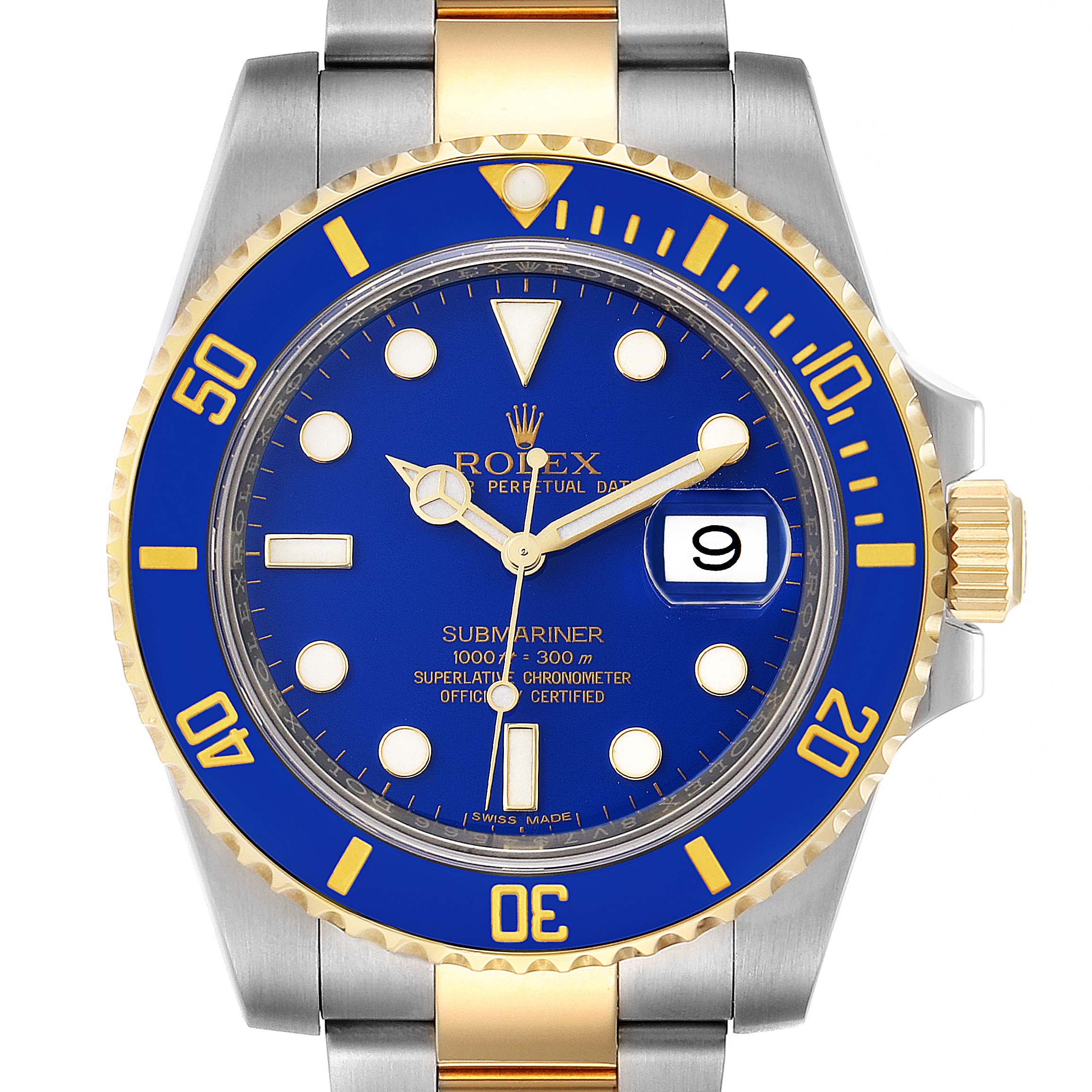 The image shows a frontal view of a Rolex Submariner 116613 Men's Steel and Gold (two tone) Blue Dial 116613 Men's Steel and Gold (two tone) Blue Dial watch featuring a blue and gold bezel, blue dial, and date window.