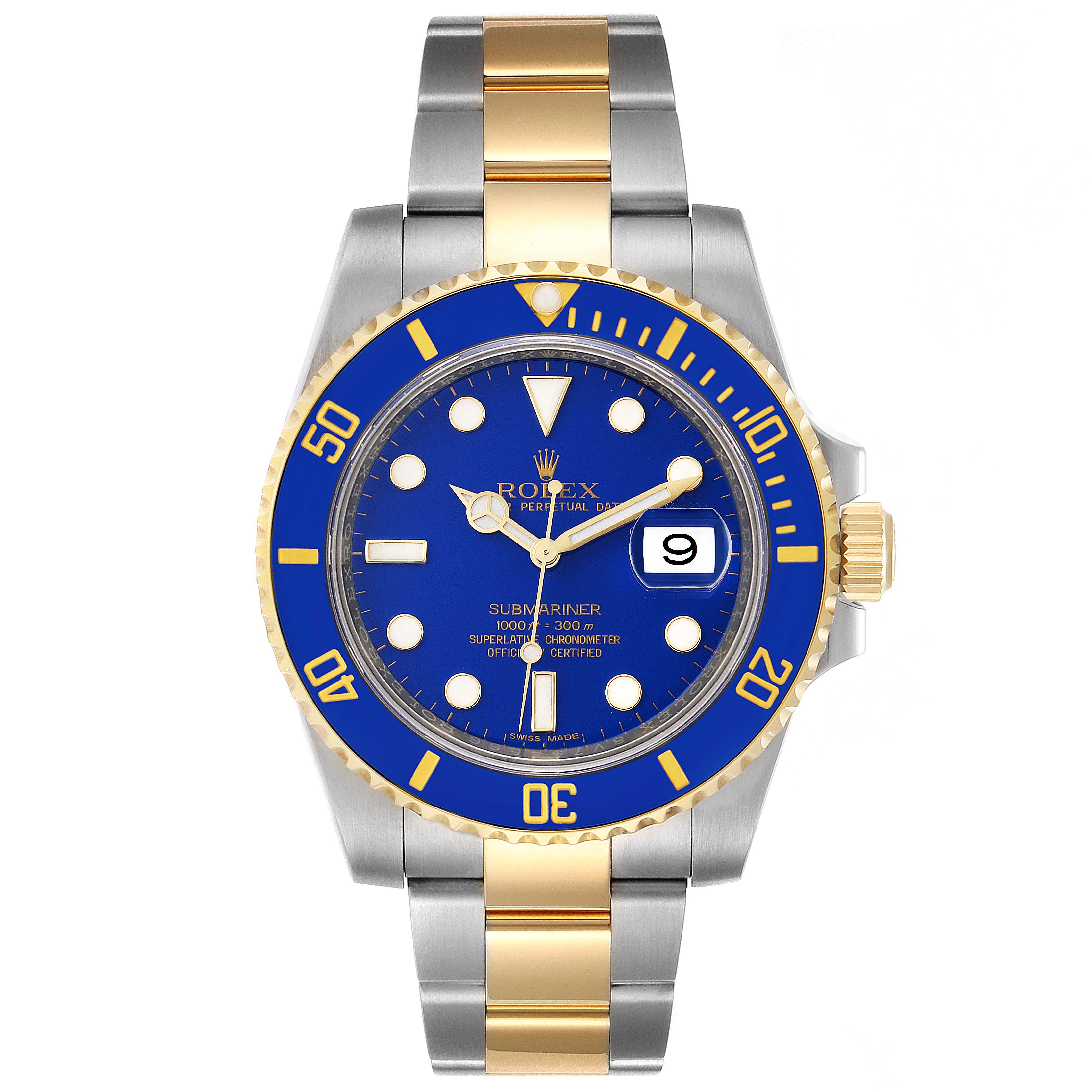 The image shows a front view of the Rolex Submariner 116613 Men's Steel and Gold (two tone) Blue Dial 116613 Men's Steel and Gold (two tone) Blue Dial watch, featuring its blue dial, gold accents, and stainless steel and gold bracelet.