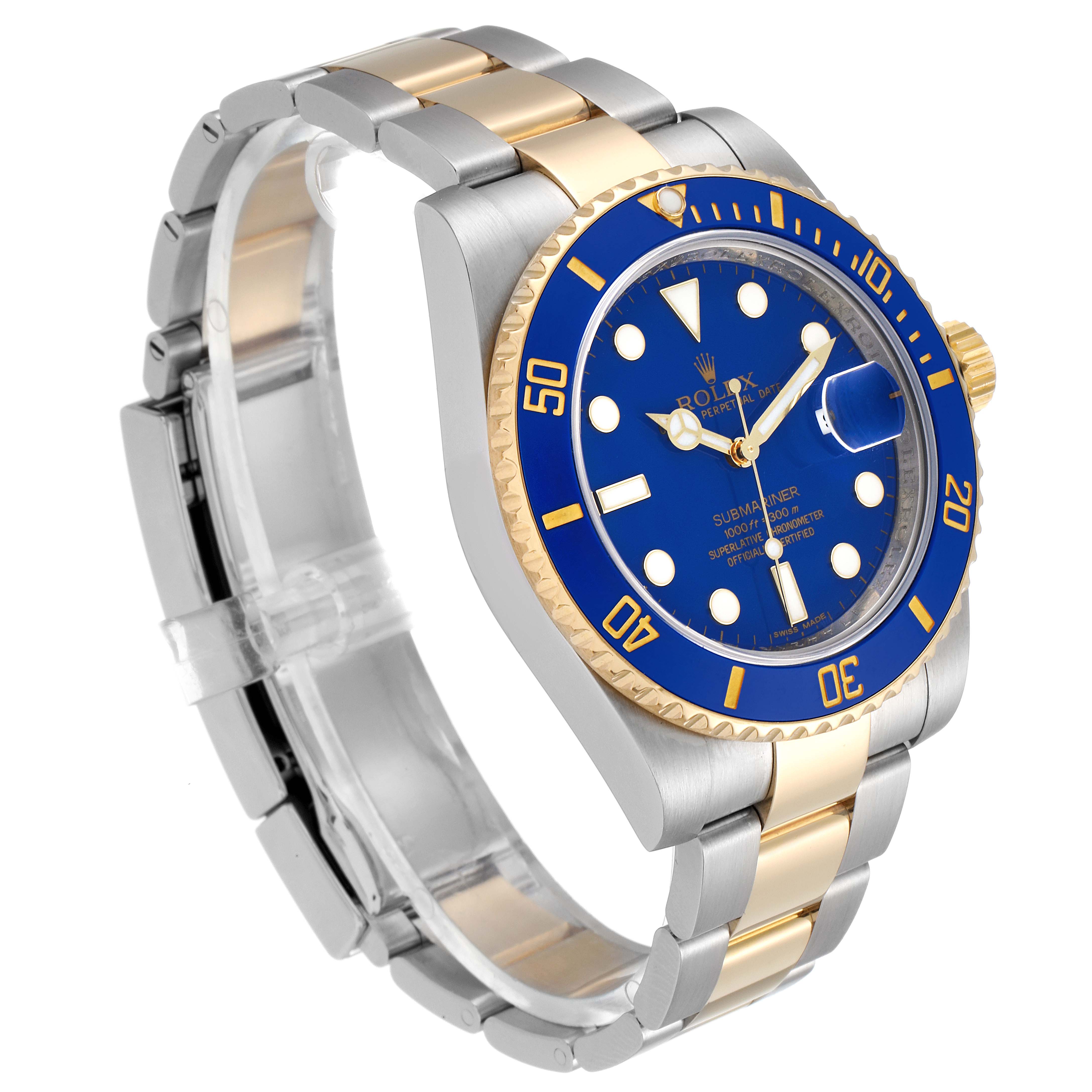 The image shows a Rolex Submariner 116613 Men's Steel and Gold (two tone) Blue Dial 116613 Men's Steel and Gold (two tone) Blue Dial watch at a three-quarter angle, highlighting the blue dial, bezel, and two-tone bracelet.