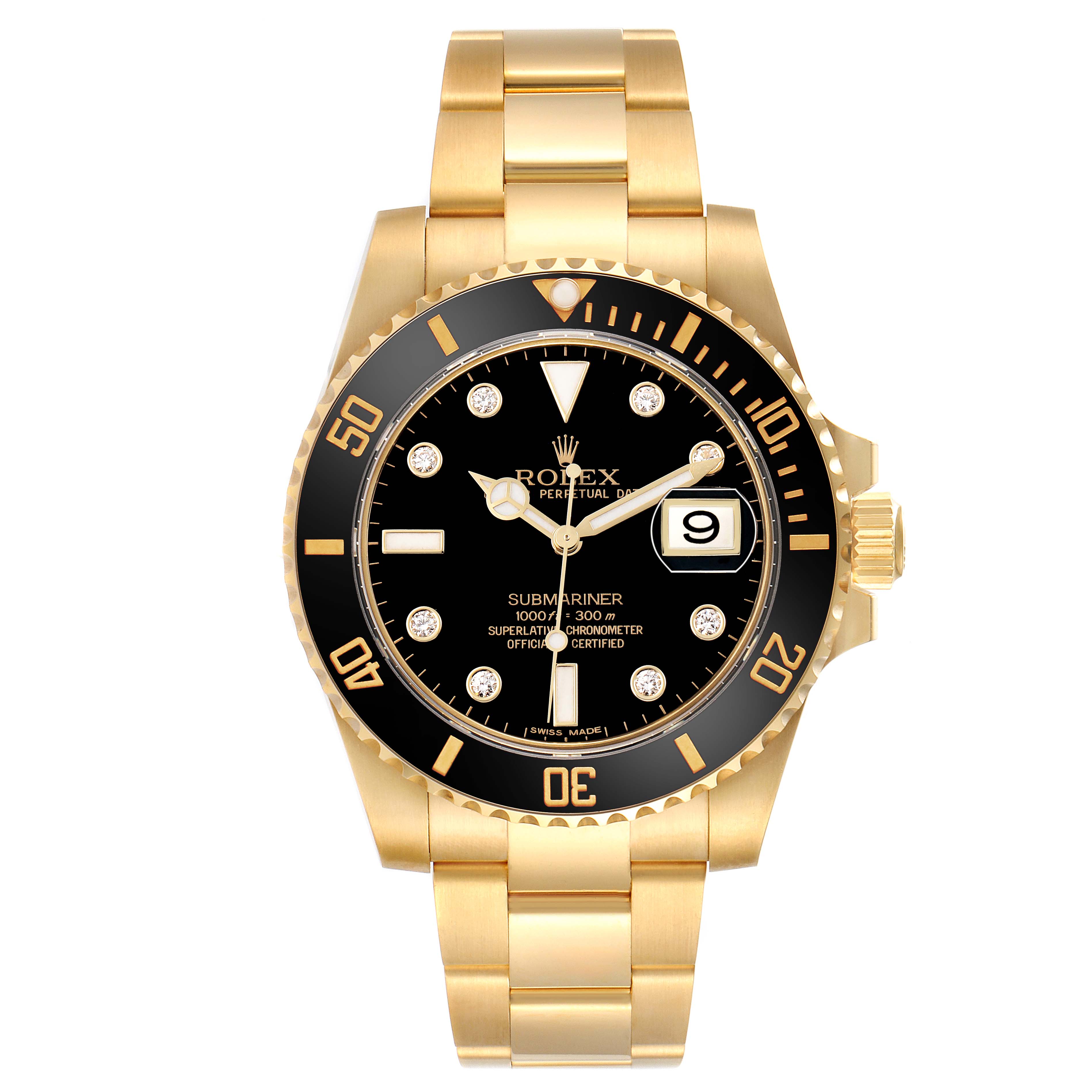 The Rolex Submariner 116618 Men's Yellow Gold Black Dial watch is shown front-facing, displaying its gold bracelet, black dial, and rotating bezel.