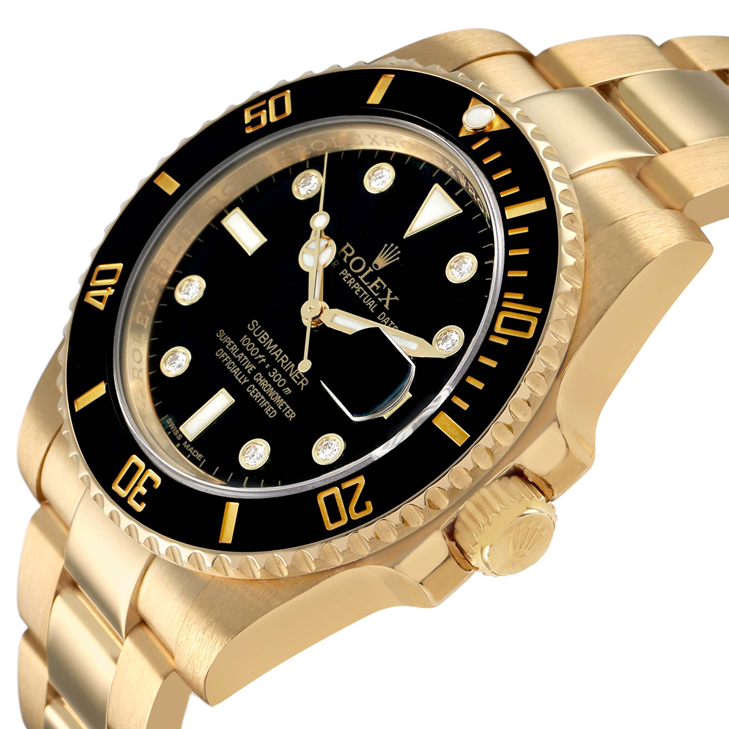 The Rolex Submariner 116618 Men's Yellow Gold Black Dial is shown from an angled side view, highlighting the bezel, dial, and part of the bracelet.