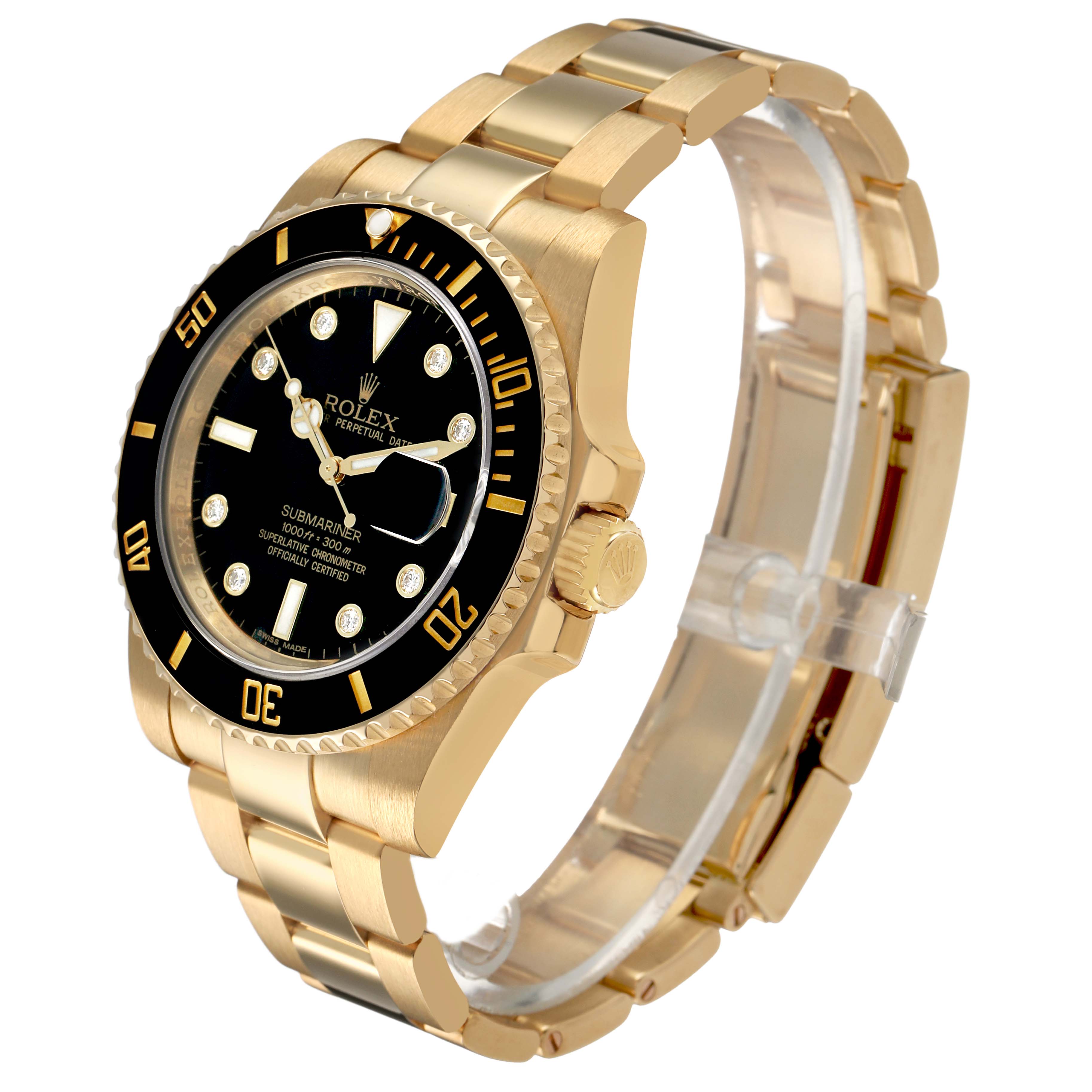 The Rolex Submariner 116618 Men's Yellow Gold Black Dial watch is shown from a three-quarter angle, displaying the case, bezel, dial, crown, and bracelet.