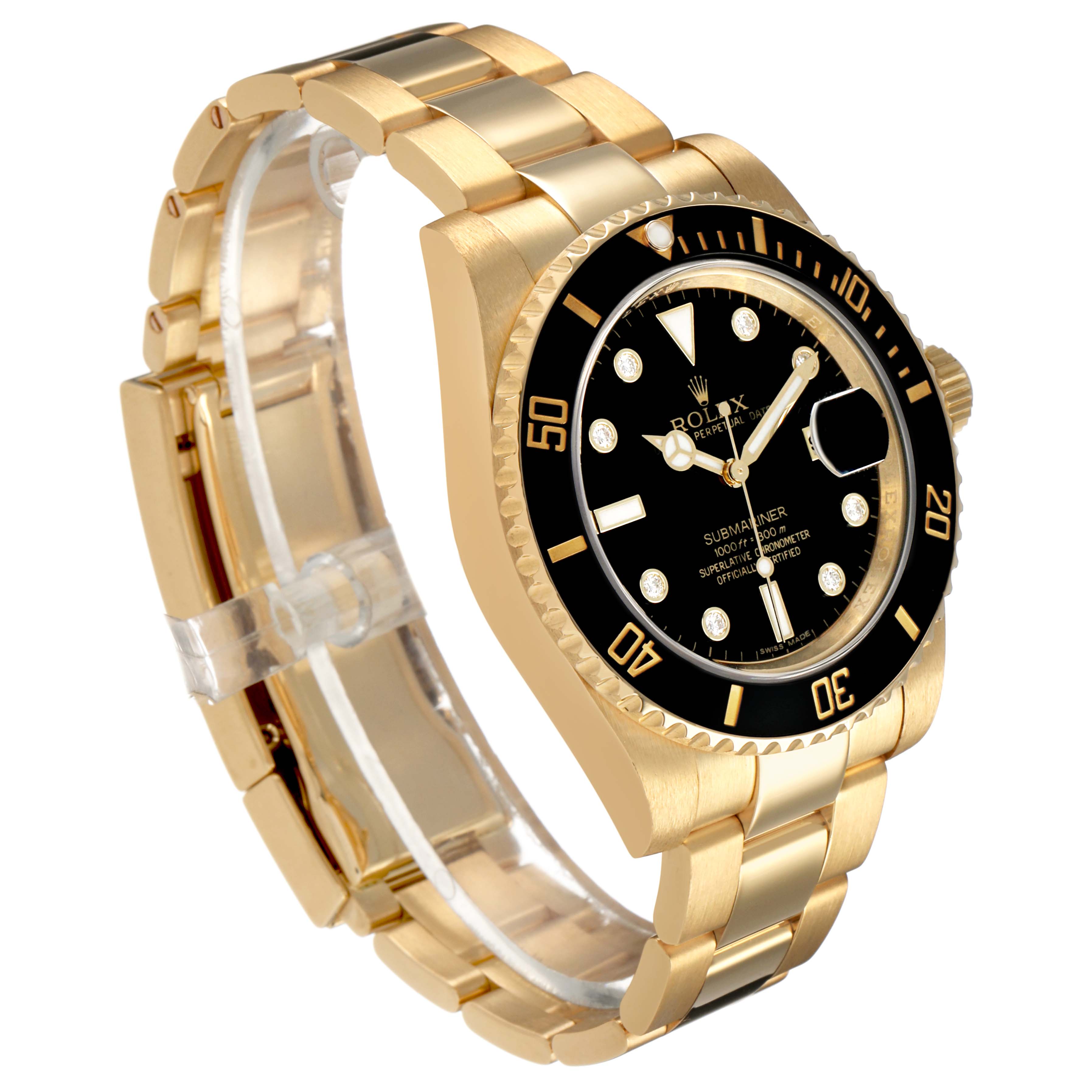 The Rolex Submariner 116618 Men's Yellow Gold Black Dial watch is shown at a three-quarter angle, highlighting the black dial, gold bezel, and bracelet.