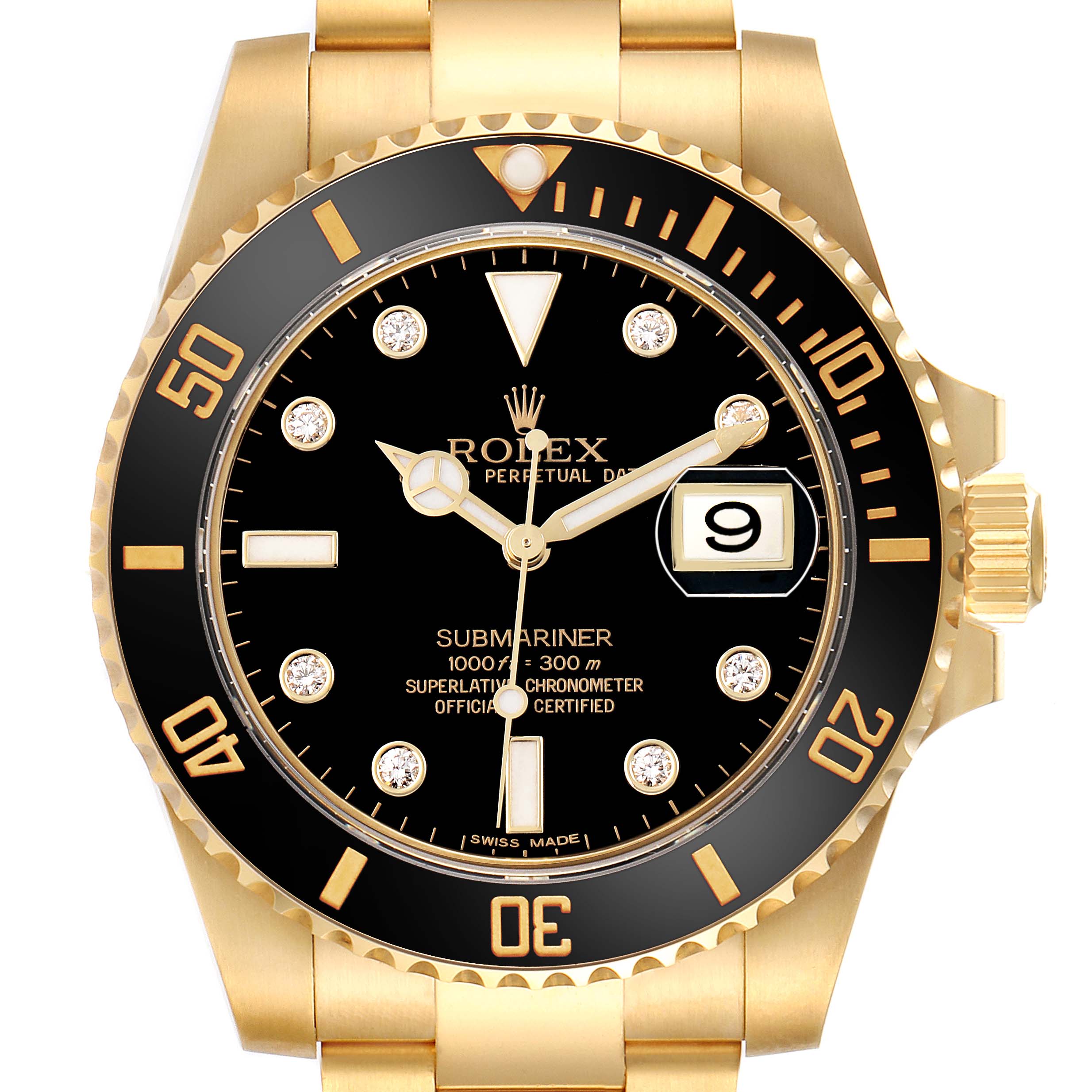 The Rolex Submariner 116618 Men's Yellow Gold Black Dial watch is shown from a front view, highlighting the dial, bezel, case, and date feature.