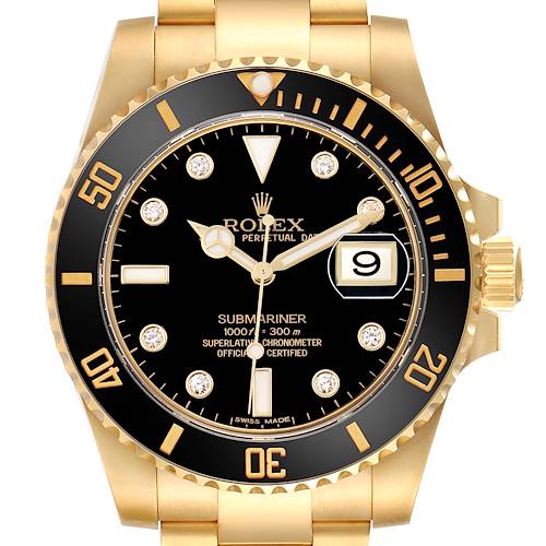 This image shows a frontal view of the Rolex Submariner 116618 Men's Yellow Gold Black Dial watch, highlighting its dial, bezel, and crown.