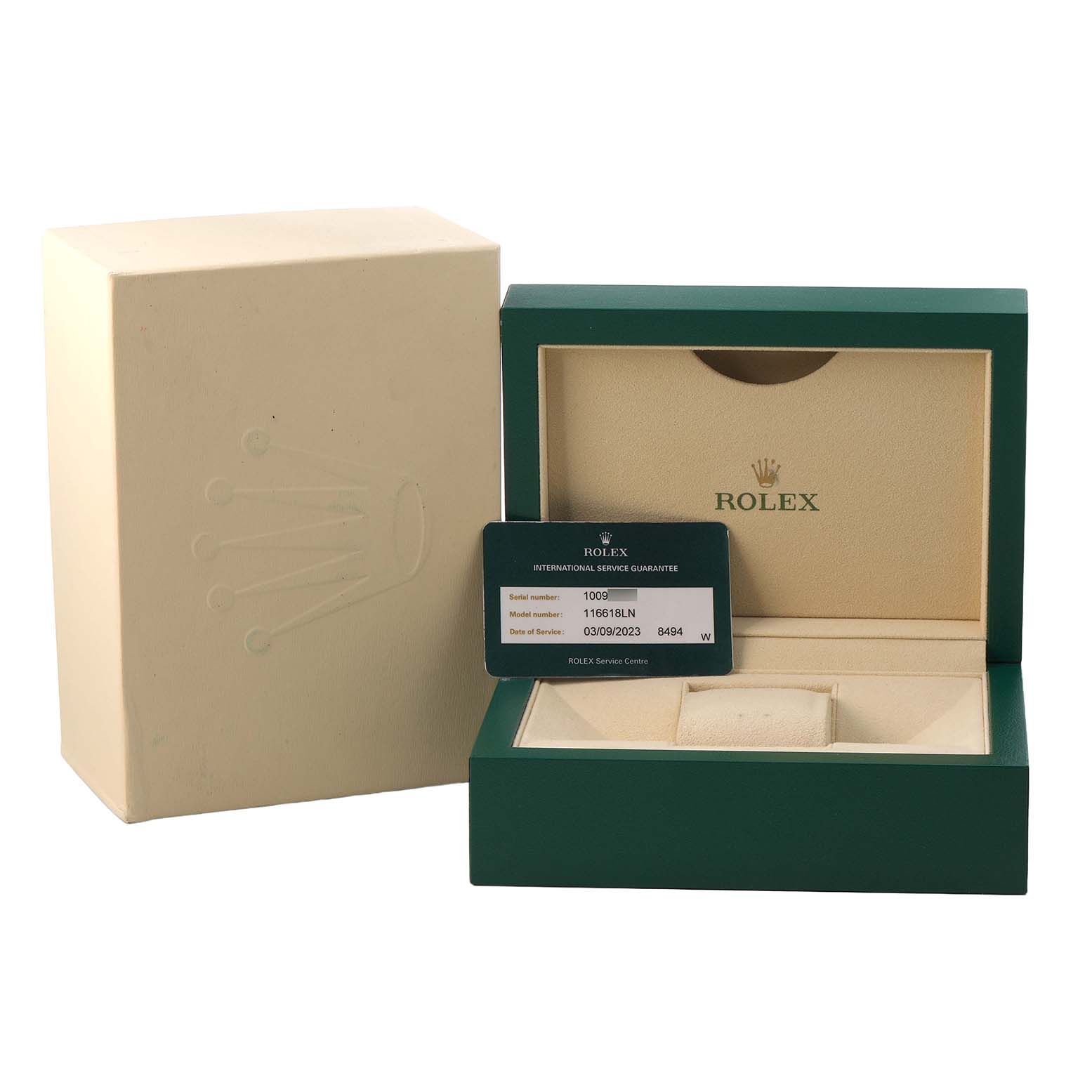The image shows the packaging and guarantee card for a Rolex Submariner 116618 Men's Yellow Gold Black Dial, with the box open and the outer case beside it.