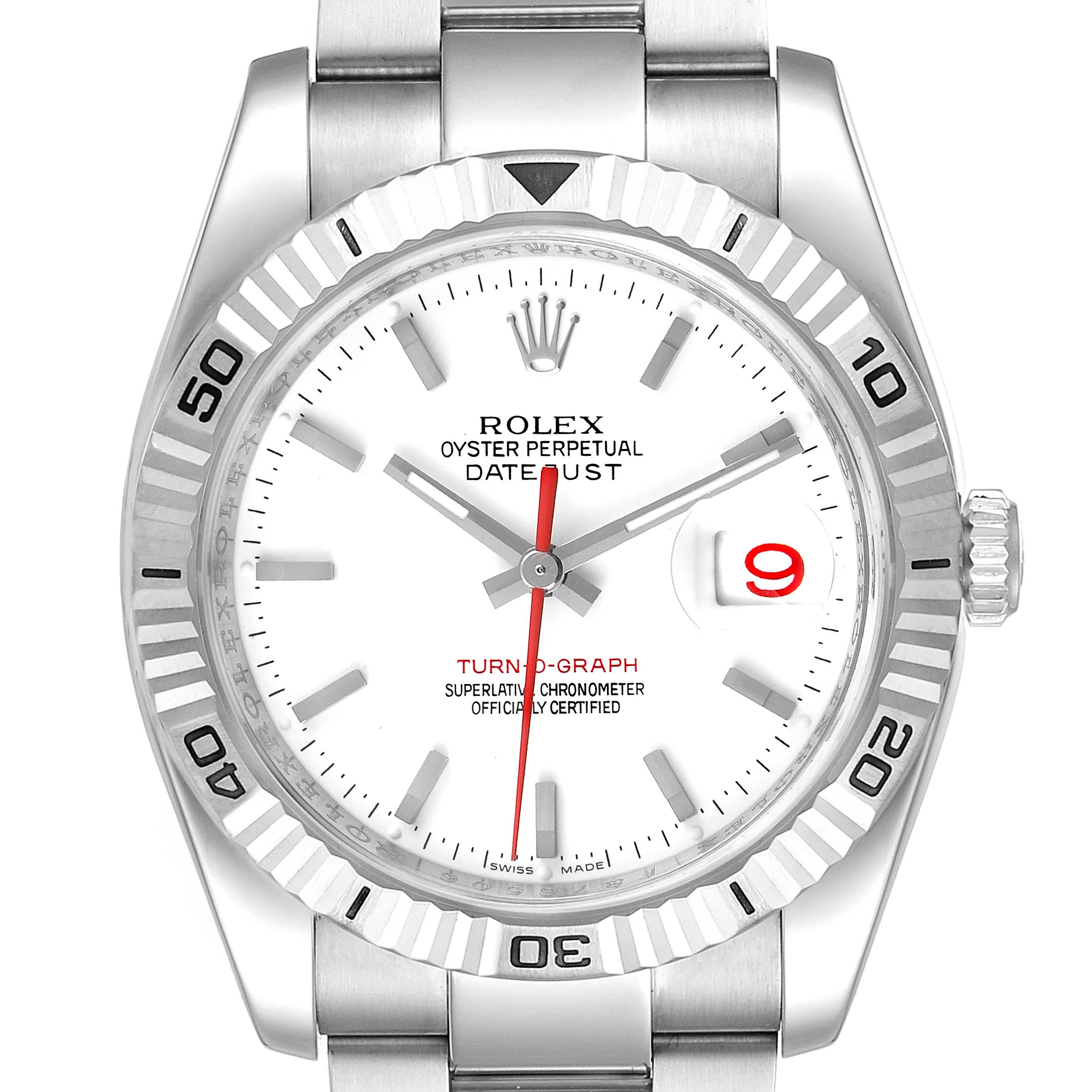 This image shows a frontal view of the Rolex Turn-o-Graph 116264 Men's Stainless Steel White Dial 116264 Men's Stainless Steel White Dial watch, highlighting its dial, bezel, and bracelet.