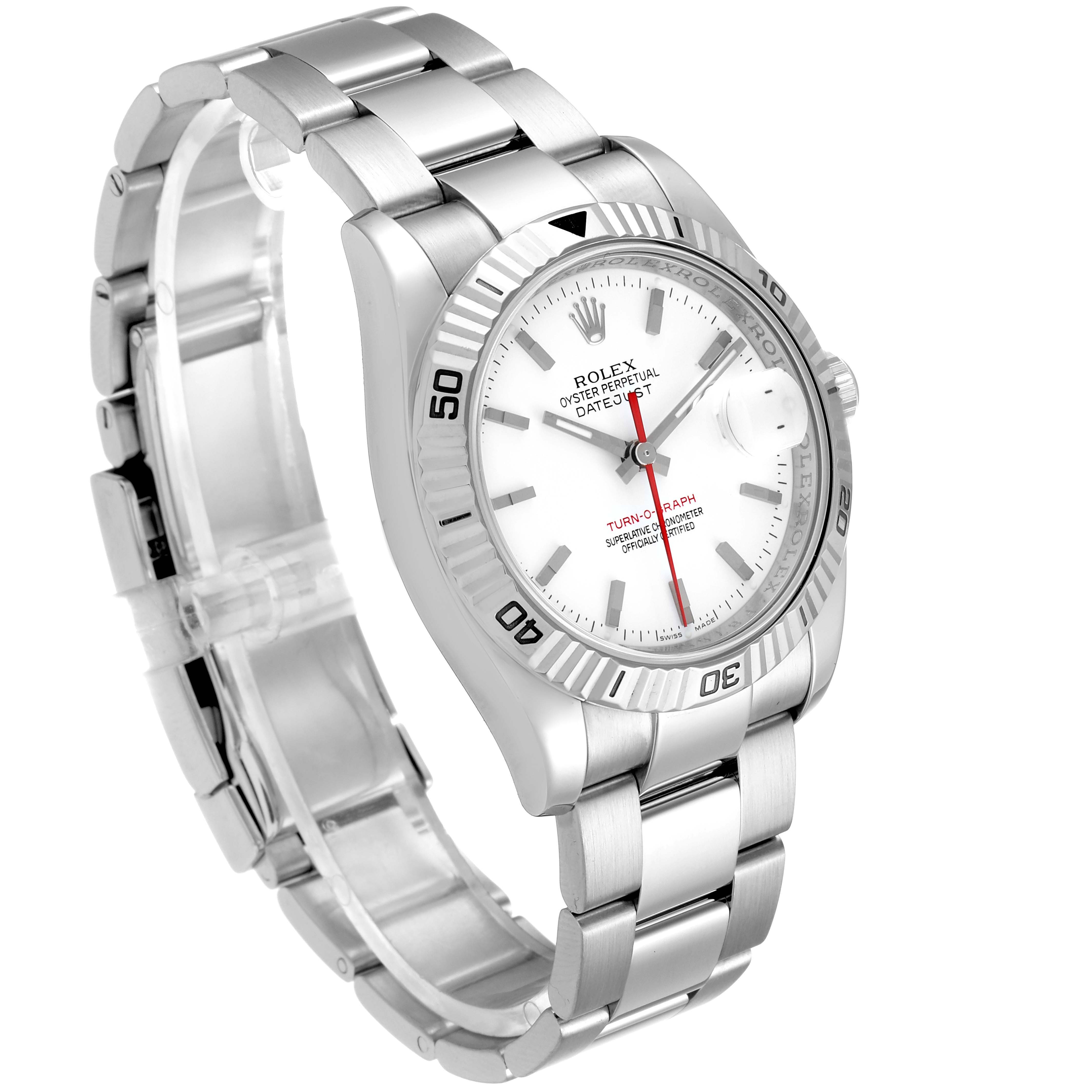 The image shows a Rolex Turn-o-Graph 116264 Men's Stainless Steel White Dial 116264 Men's Stainless Steel White Dial watch angled from the top-right, highlighting its face, bezel, band, and clasp.