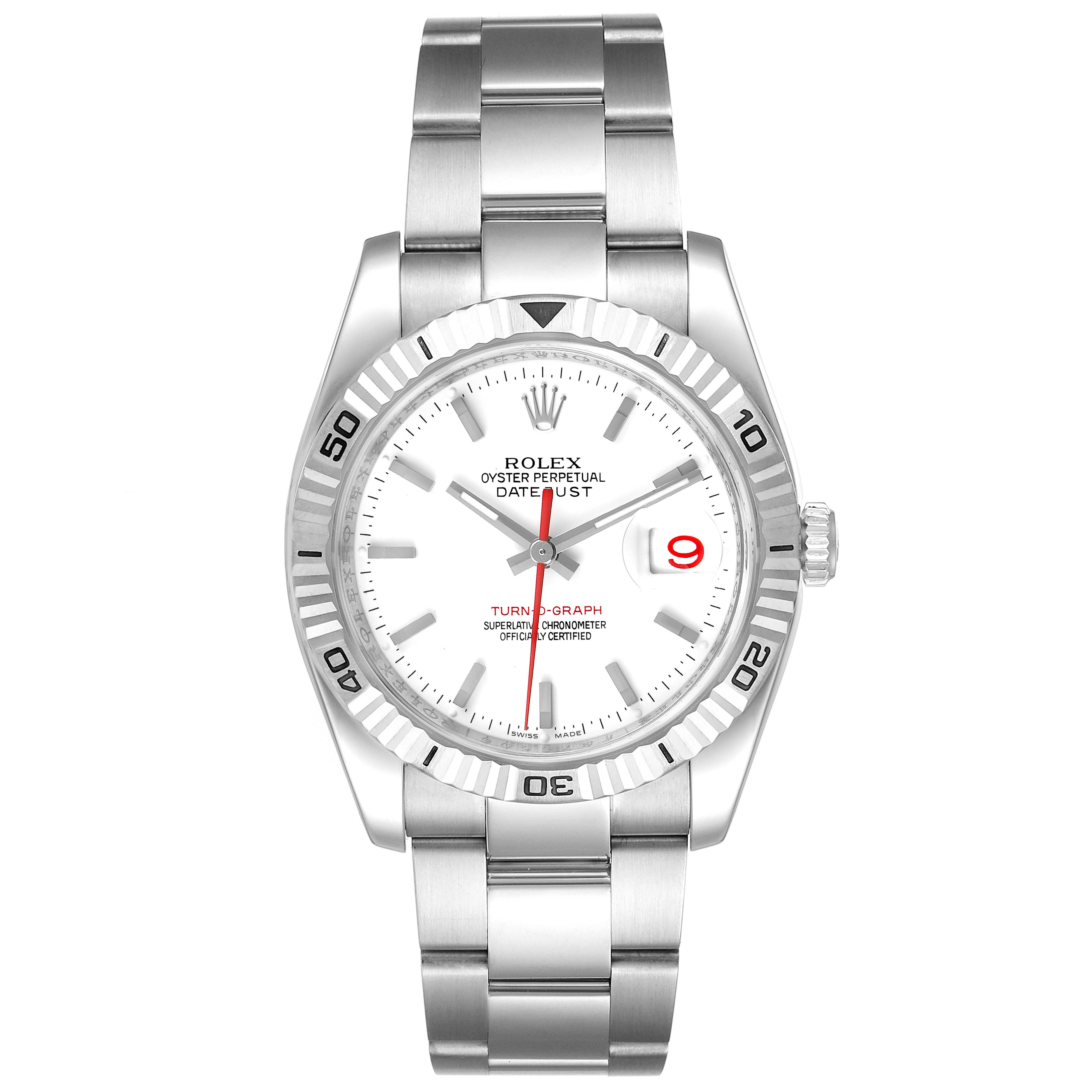 This image shows a front view of the Rolex Turn-o-Graph 116264 Men's Stainless Steel White Dial 116264 Men's Stainless Steel White Dial watch, highlighting the face, bezel, and bracelet.