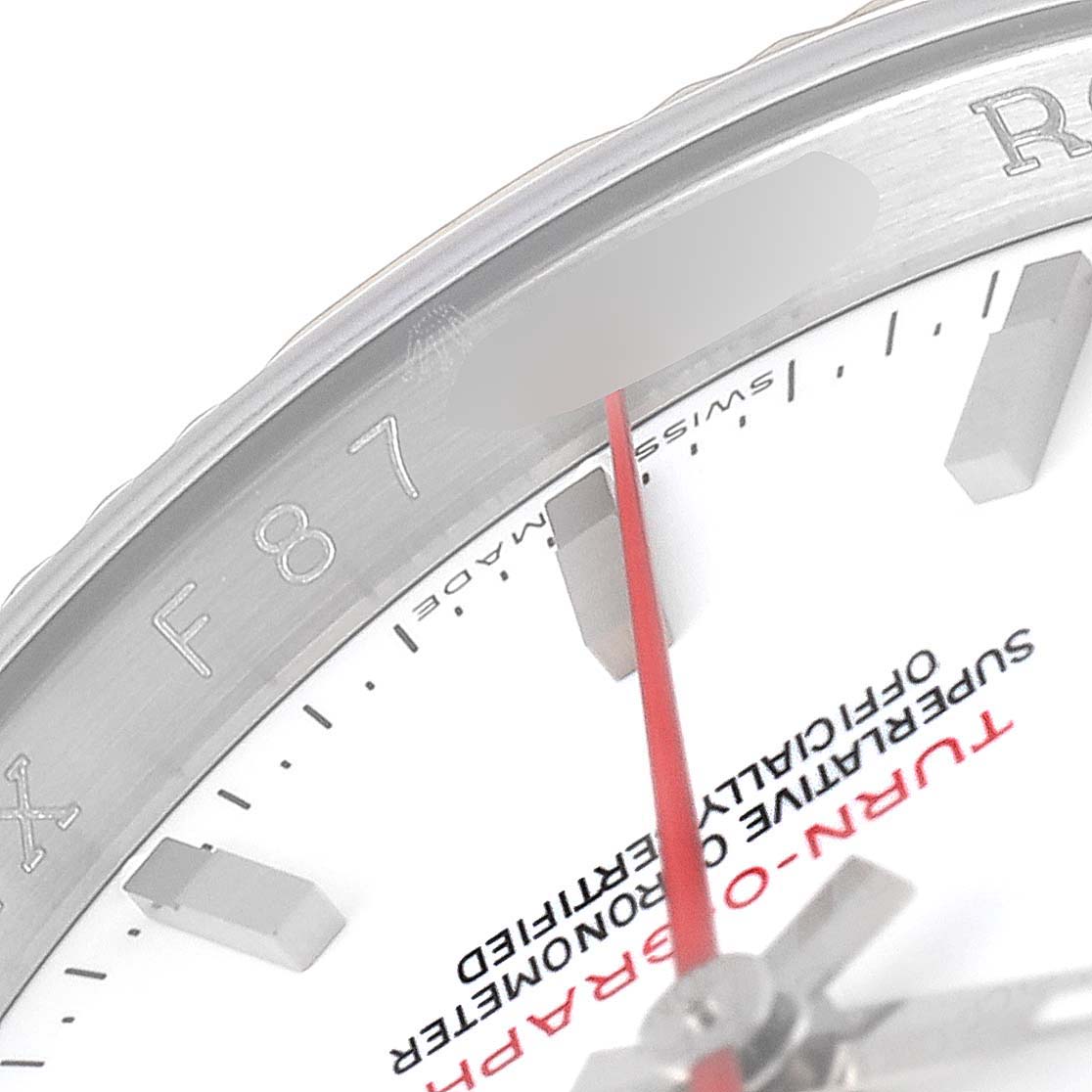 The image shows a close-up angle of the dial, bezel, and red second hand of a Rolex Turn-o-Graph 116264 Men's Stainless Steel White Dial 116264 Men's Stainless Steel White Dial watch.