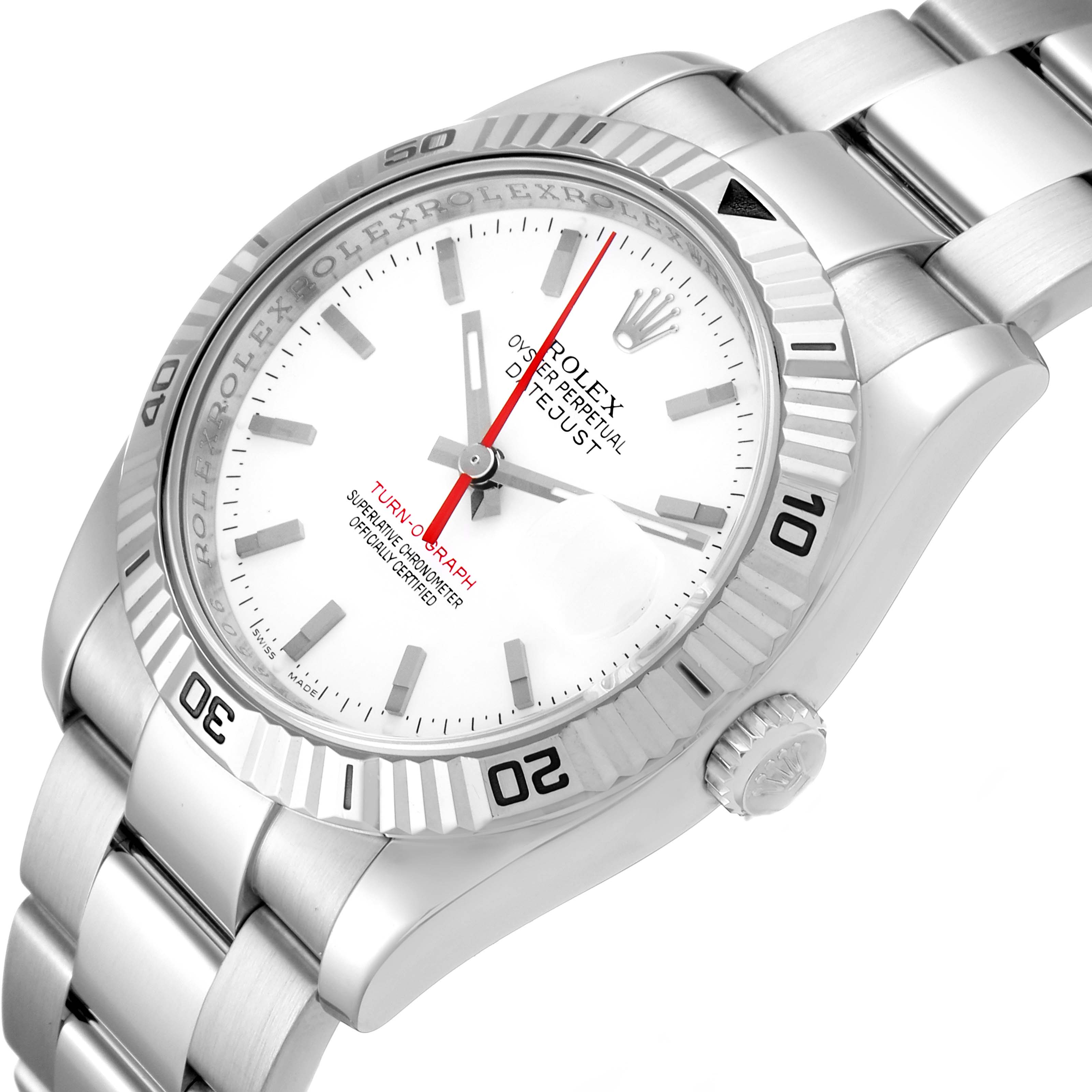 This image shows a close-up angled view of the Rolex Turn-o-Graph 116264 Men's Stainless Steel White Dial 116264 Men's Stainless Steel White Dial watch, highlighting the face, bezel, and part of the bracelet.
