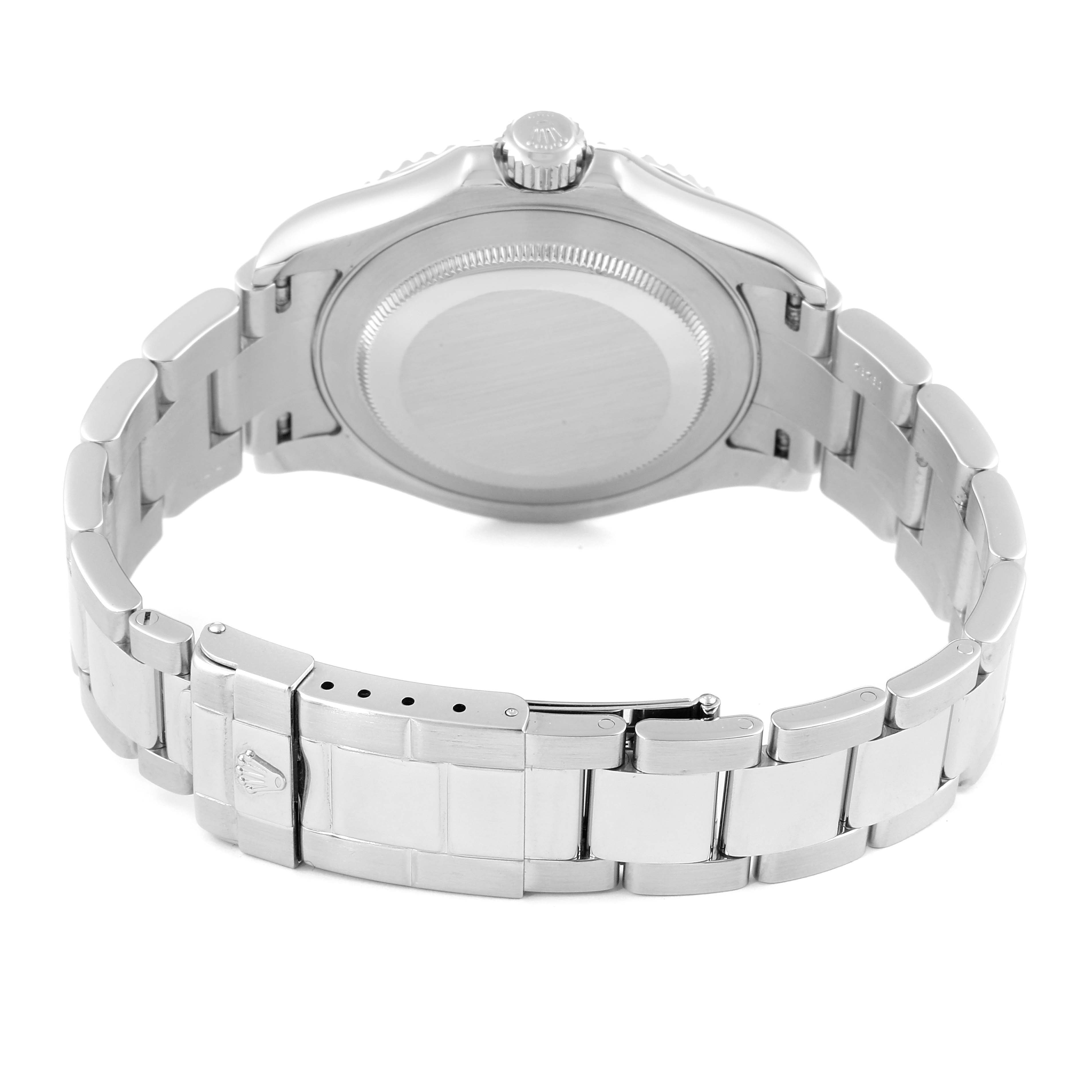 The image shows the back view of a Rolex Yacht-Master 16622 Men
s Stainless Steel Silver Dial 16622 Men
s Stainless Steel Silver Dial model watch, highlighting its clasp, bracelet, and case back.