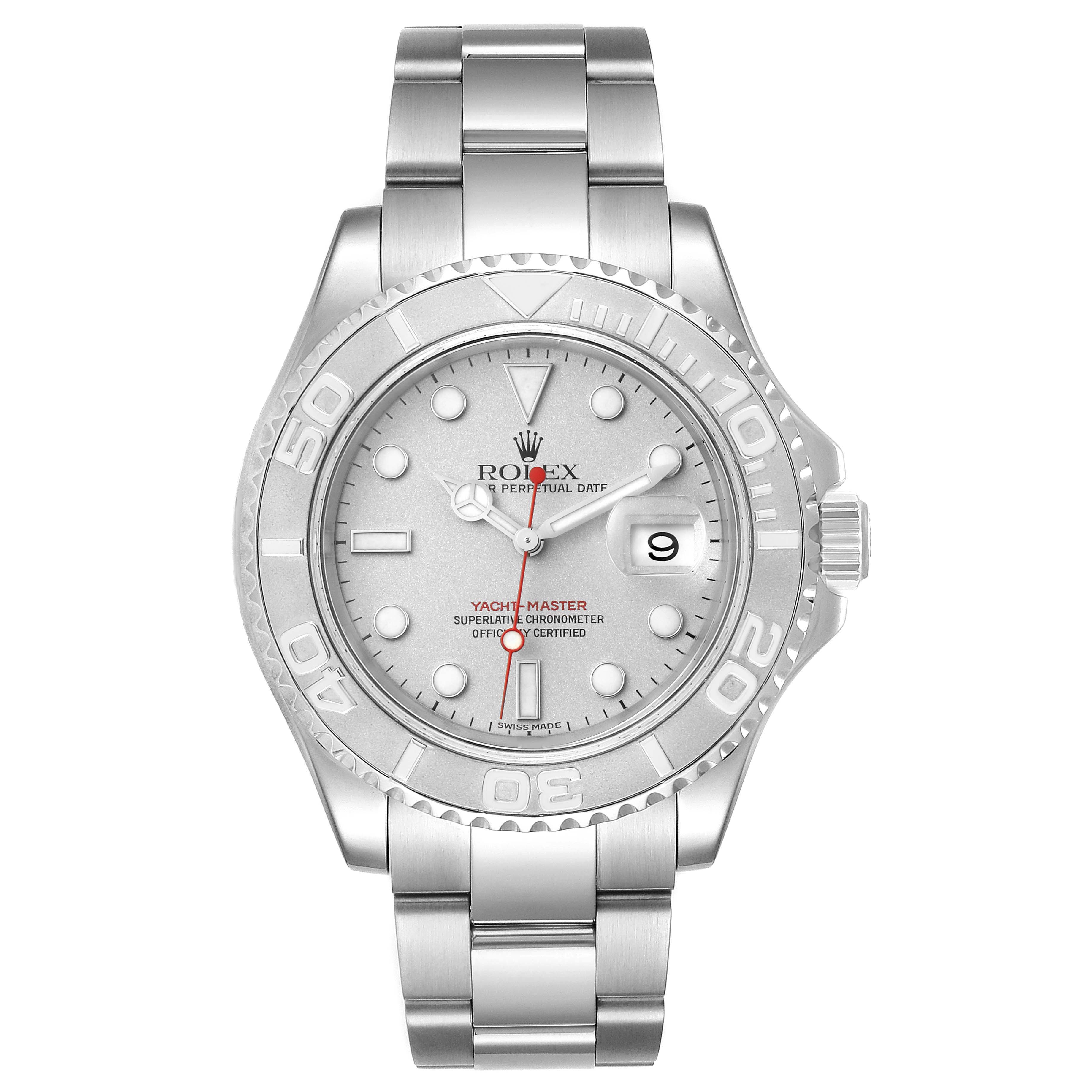 The image shows a front view of a Rolex Yacht-Master 16622 Men
s Stainless Steel Silver Dial 16622 Men
s Stainless Steel Silver Dial watch, displaying the dial, bezel, bracelet, and crown.