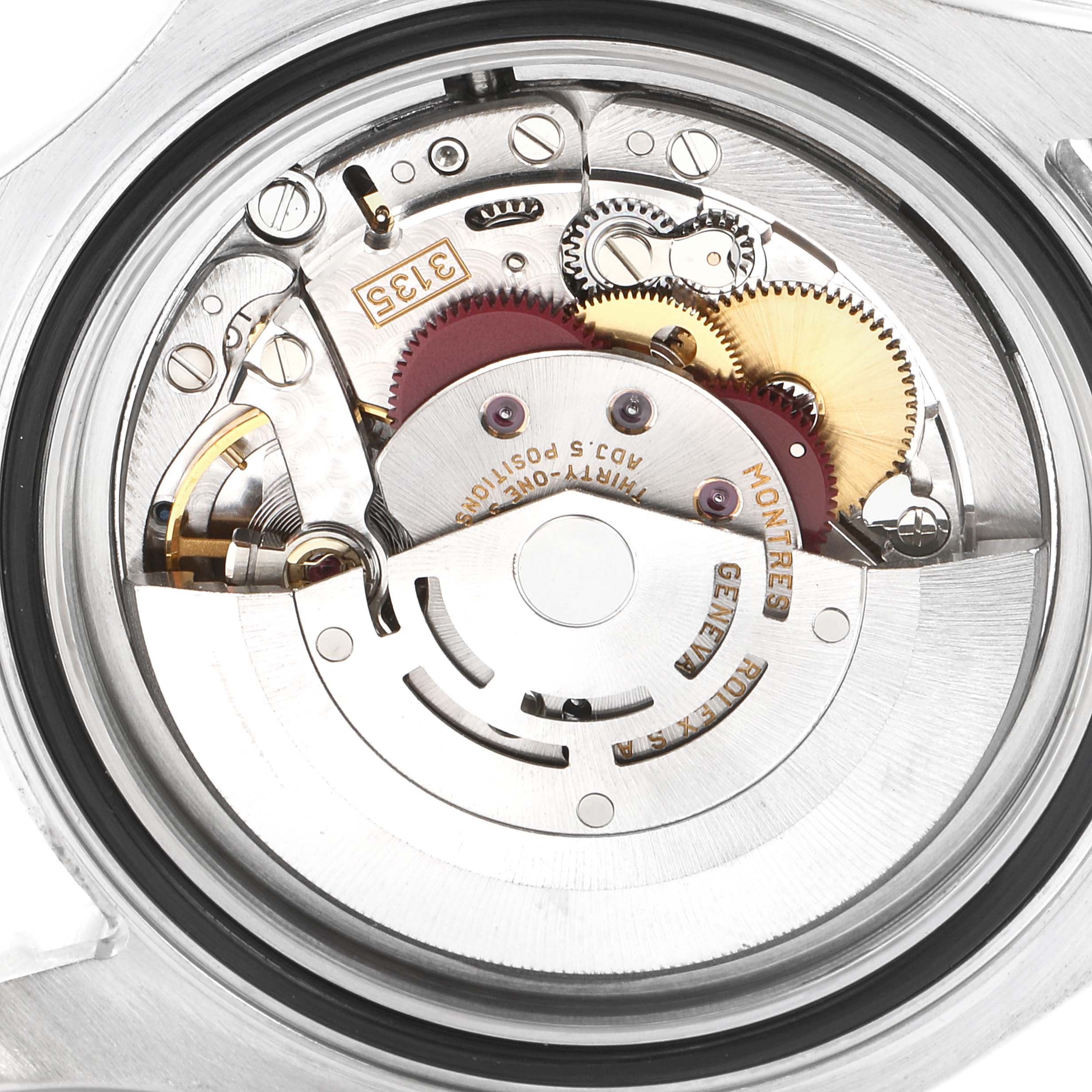 The image shows the internal mechanism and movement parts of a Rolex Yacht-Master 16622 Men
s Stainless Steel Silver Dial 16622 Men
s Stainless Steel Silver Dial watch from a top-down angle.