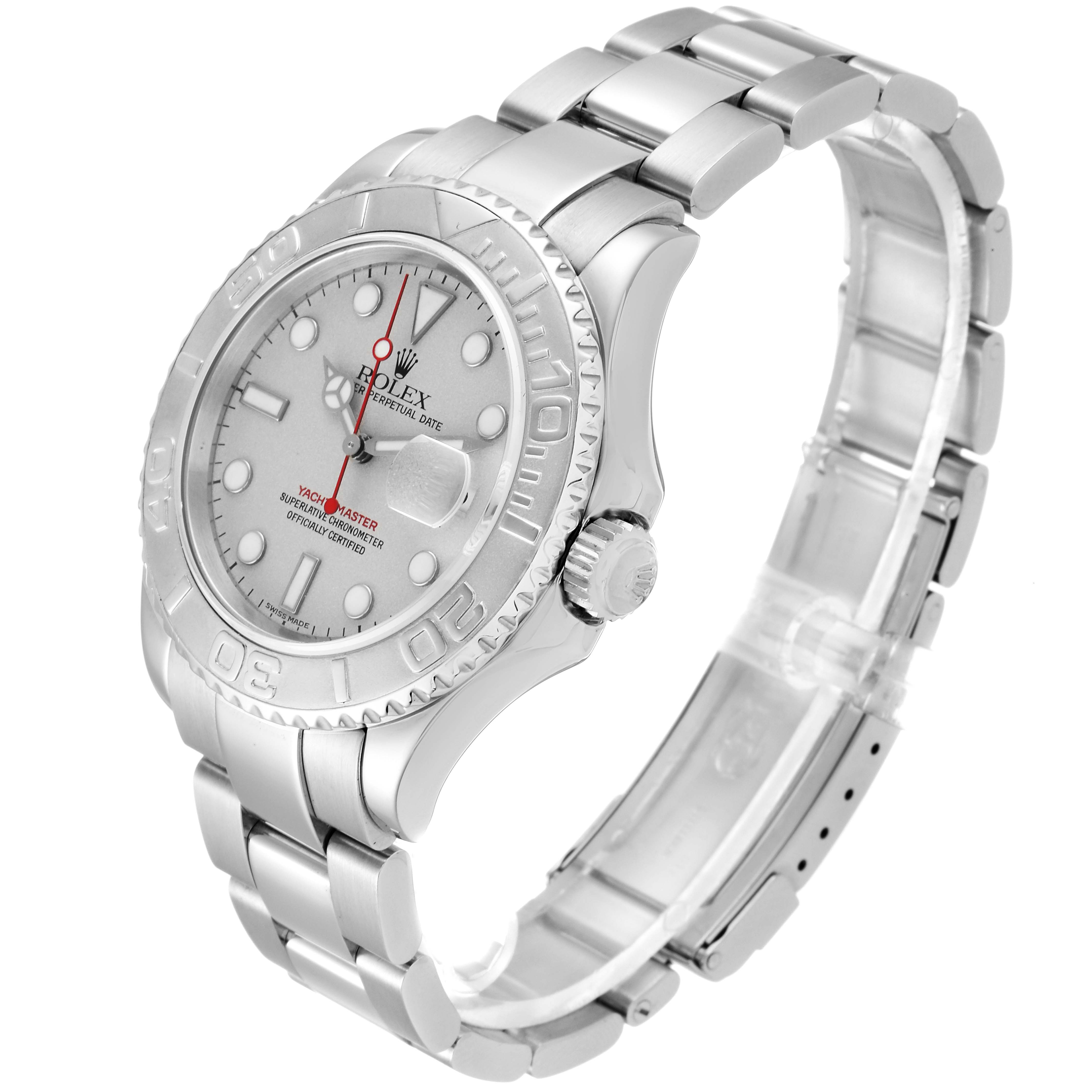 The Rolex Yacht-Master 16622 Men
s Stainless Steel Silver Dial 16622 Men
s Stainless Steel Silver Dial watch is shown at a three-quarter angle, displaying the dial, bezel, crown, and bracelet.