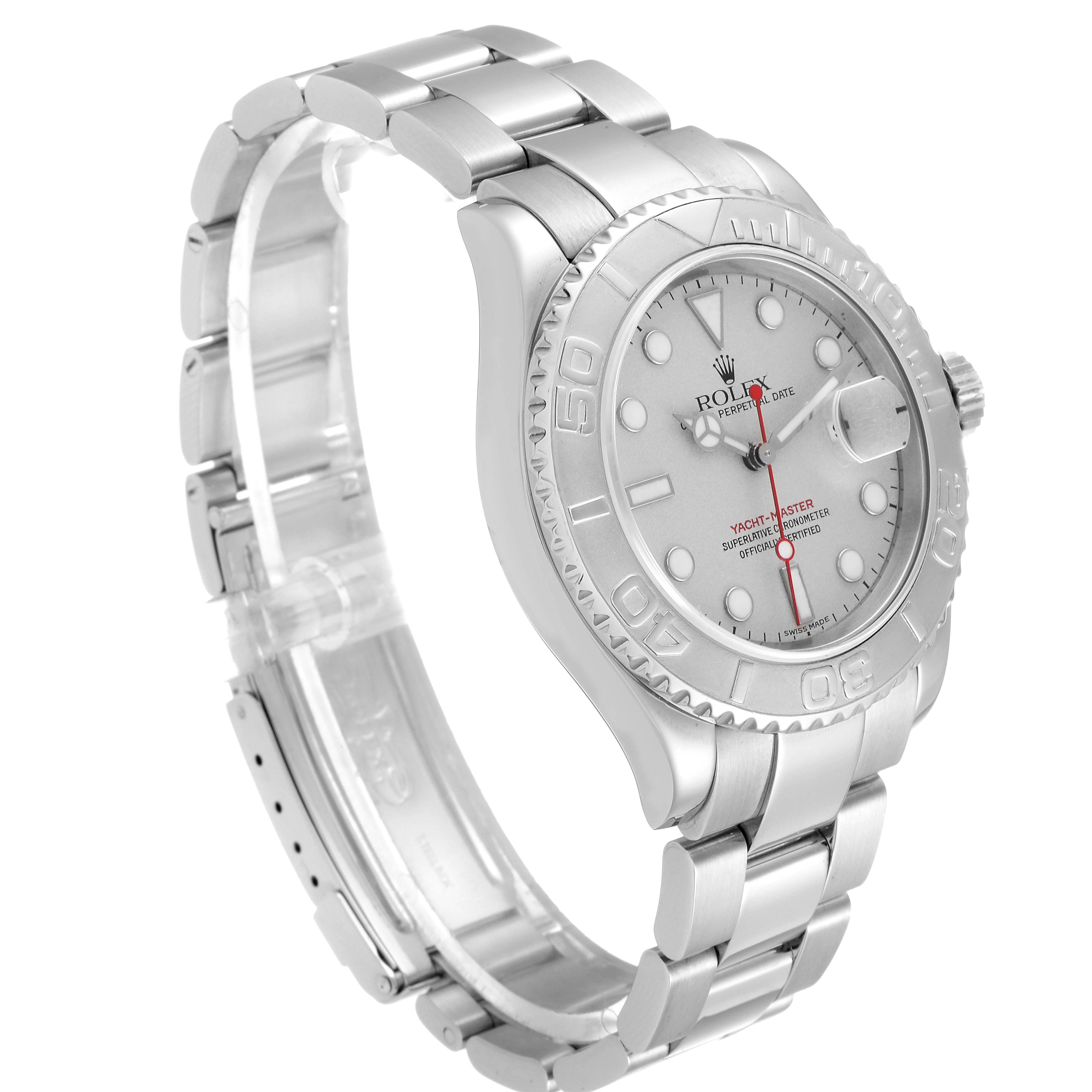 The Rolex Yacht-Master 16622 Men
s Stainless Steel Silver Dial 16622 Men
s Stainless Steel Silver Dial watch is shown at a three-quarter angle, highlighting its bezel, dial, and bracelet.