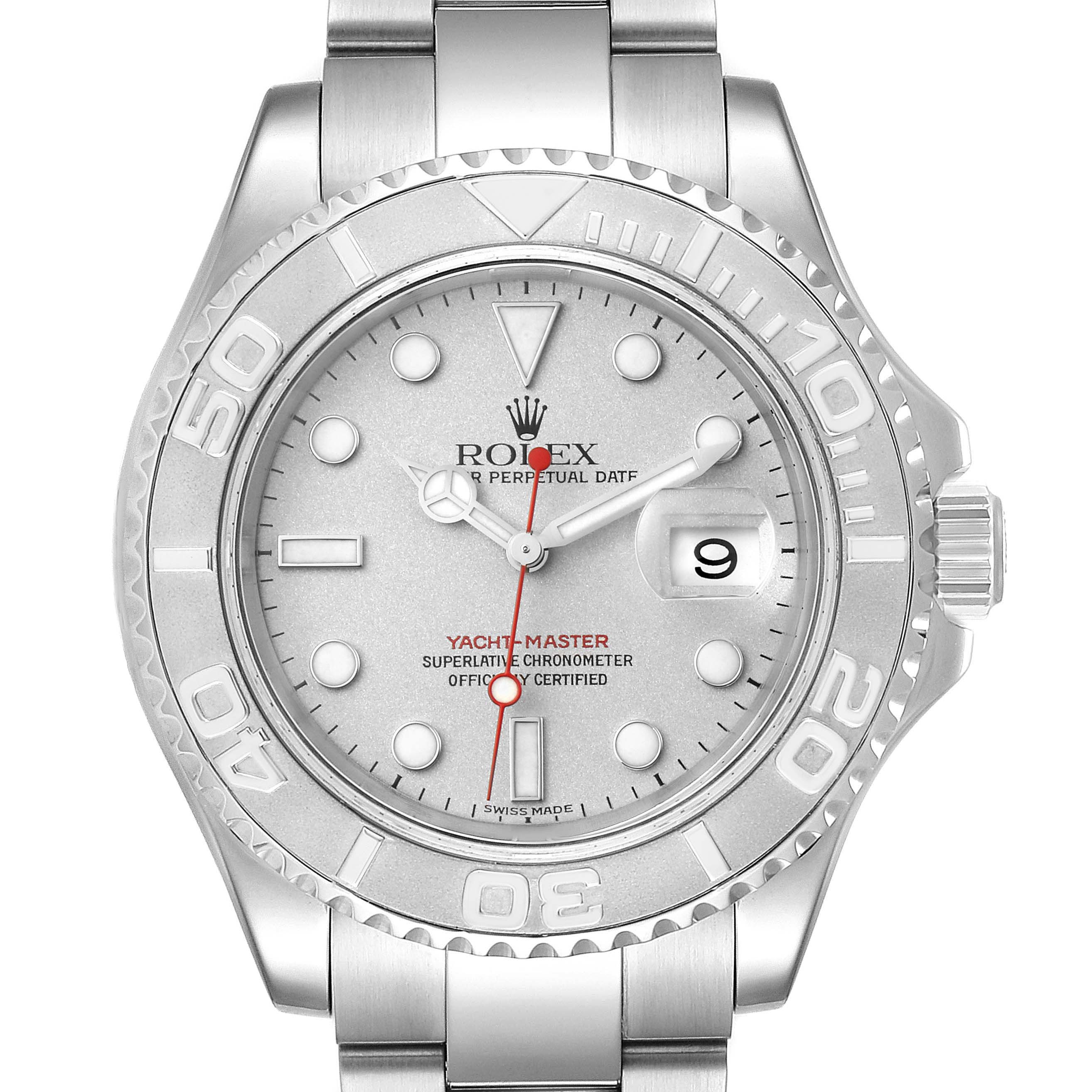 The image shows a front view of a Rolex Yacht-Master 16622 Men
s Stainless Steel Silver Dial 16622 Men
s Stainless Steel Silver Dial watch, highlighting its face, bezel, and bracelet.